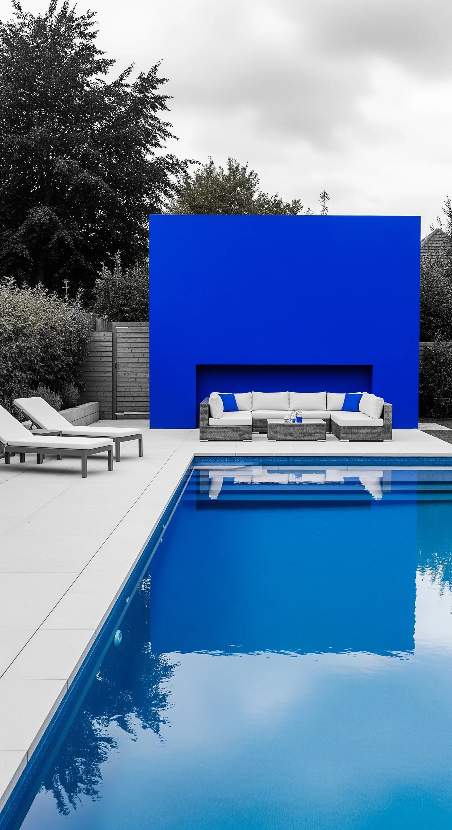 Area lounge con divano bianco e cuscini blu di fronte a una grande parete blu elettrico