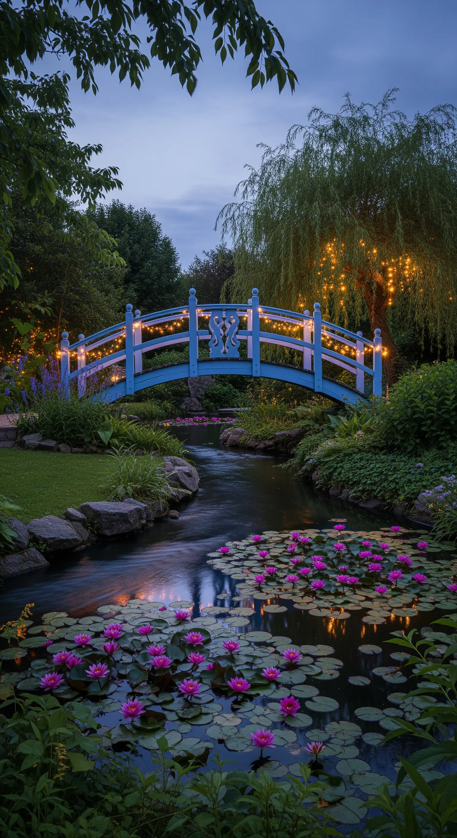 Ponte blu illuminato da lucine a LED sopra un ruscello con ninfee fucsia