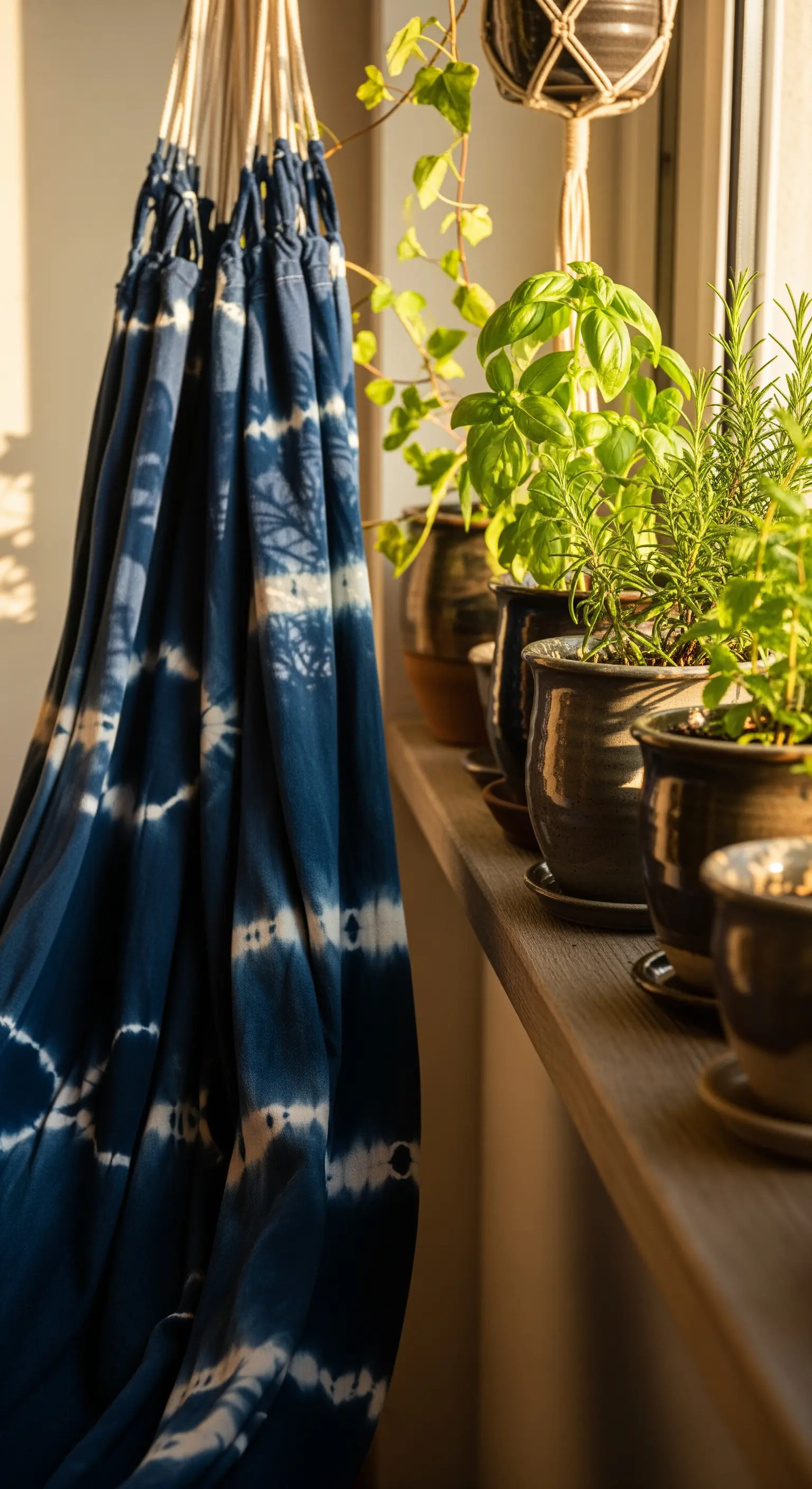 Amaca blu con motivo tie-dye accanto a vasi di erbe aromatiche su un davanzale.