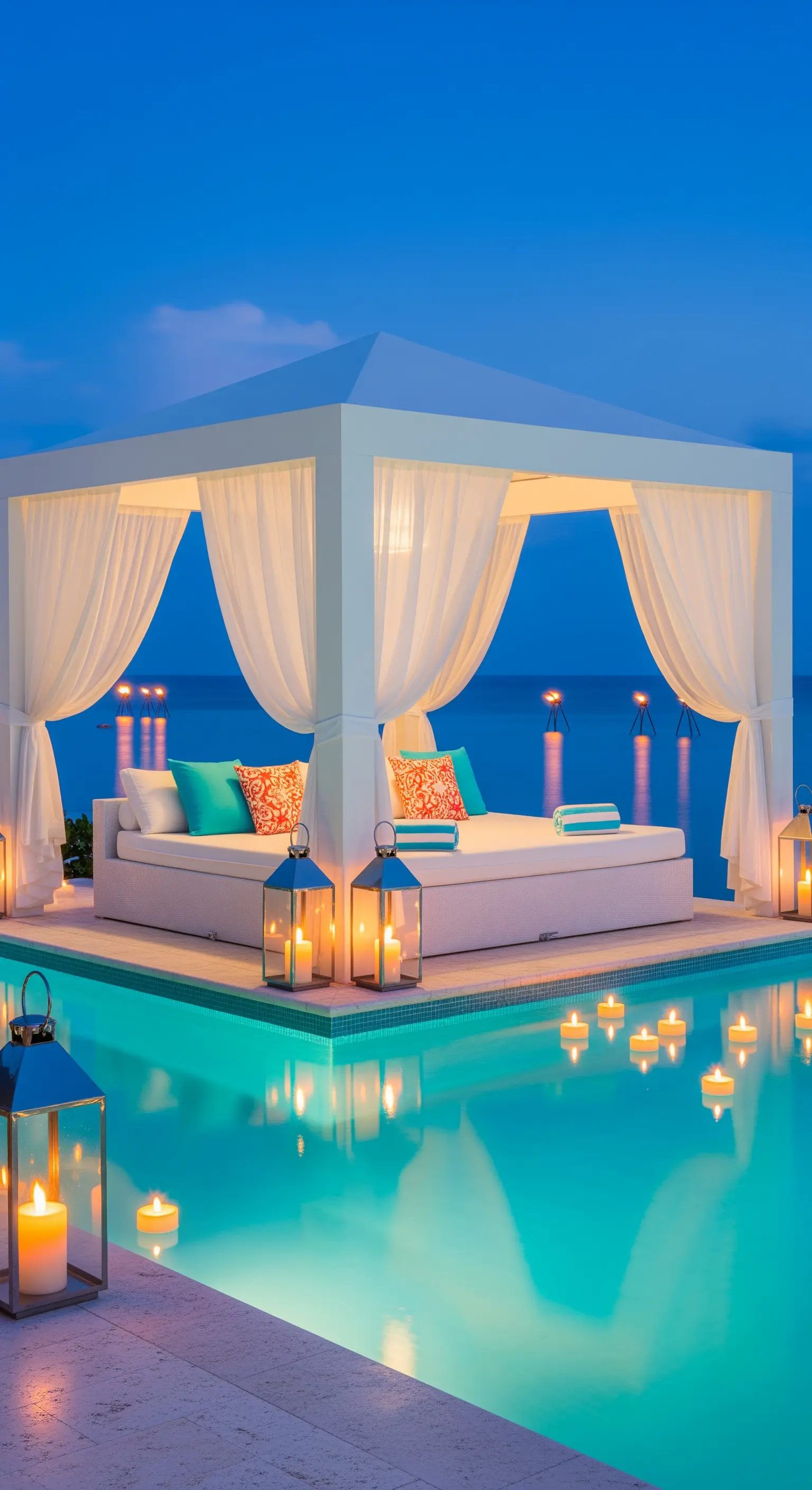 Gazebo bianco con daybed a bordo di una piscina a sfioro sul mare, con lanterne accese.