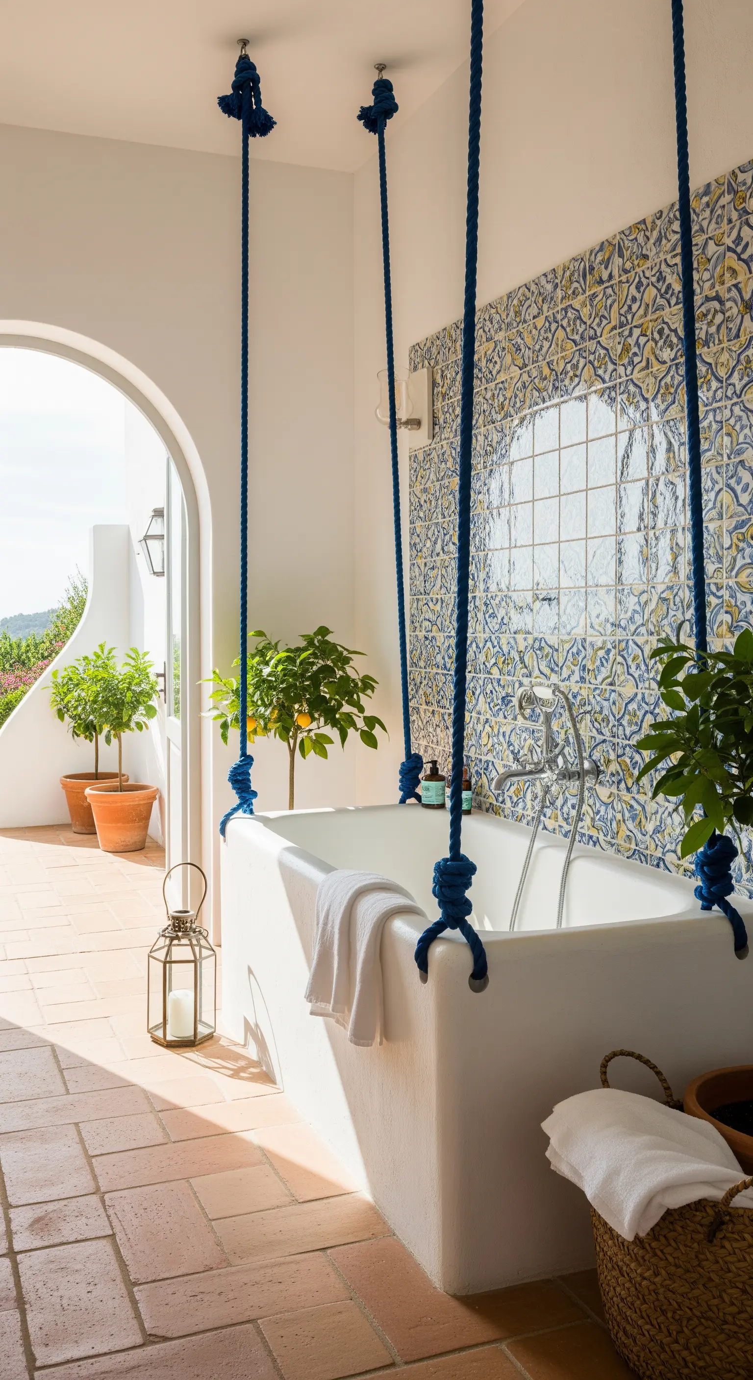 Vasca bianca sospesa con corde blu in un bagno in stile mediterraneo con piastrelle decorate.