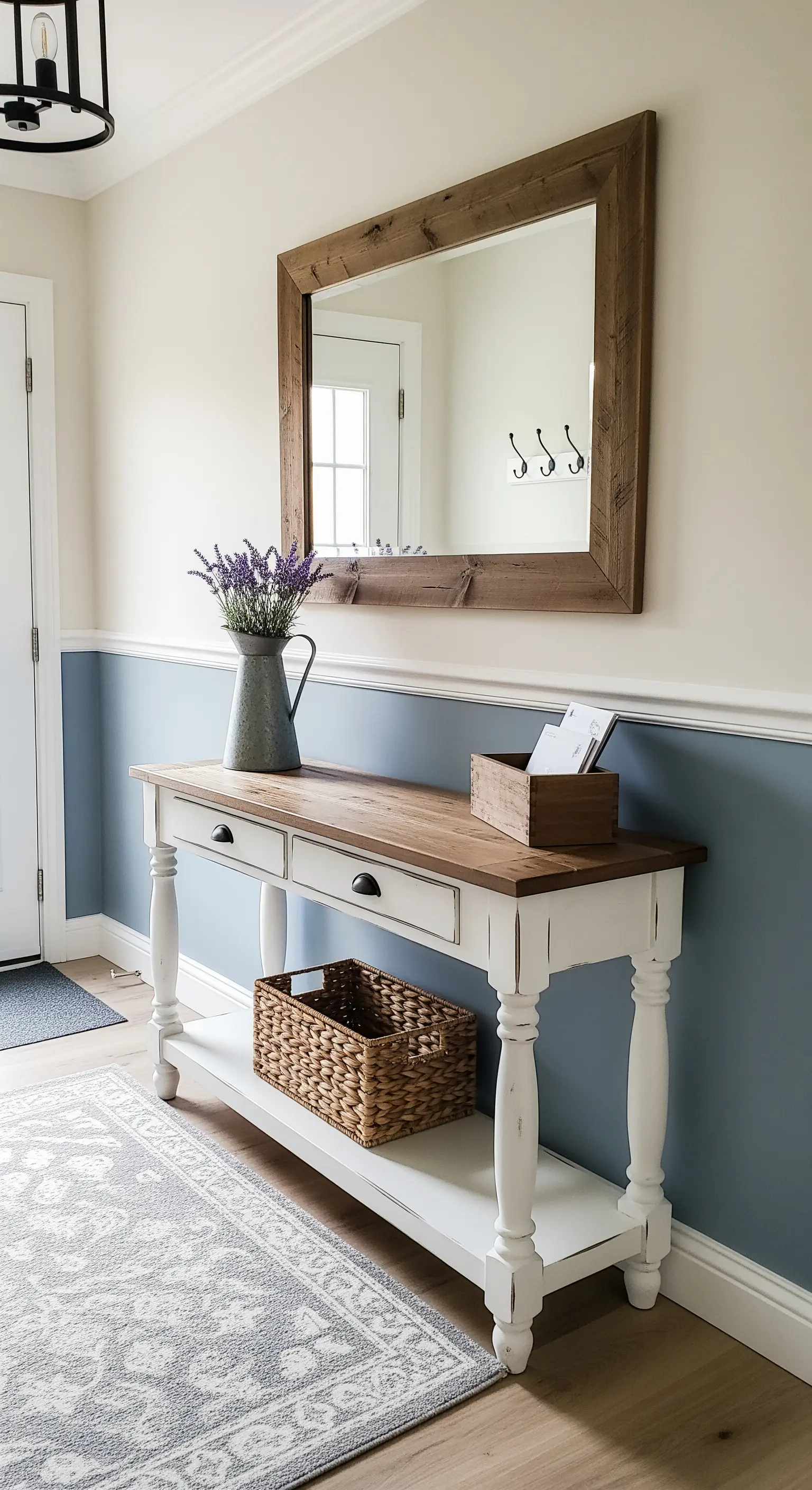 Ingresso in stile country con parete metà blu polvere e consolle bianca in legno.