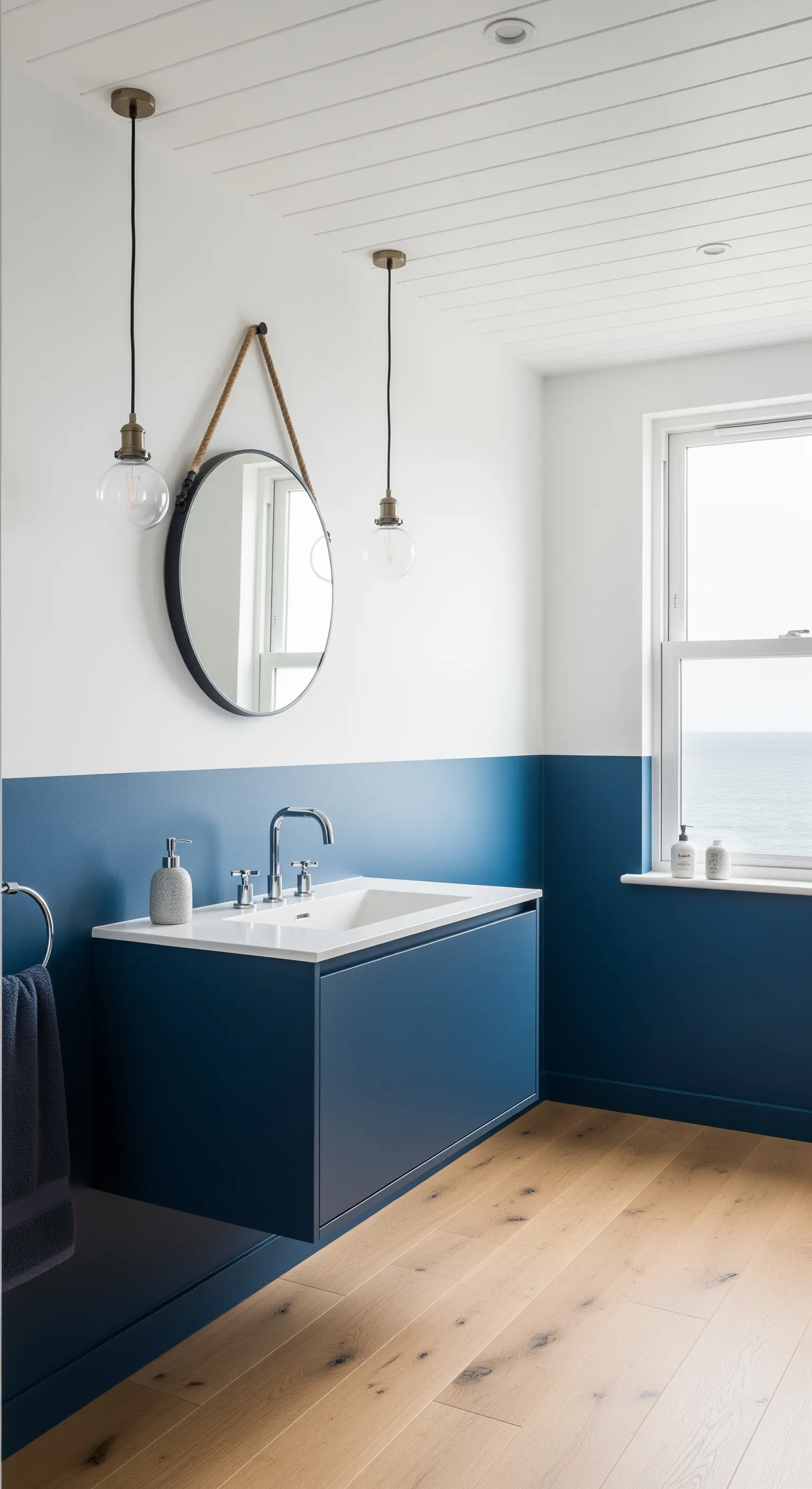 Bagno in stile costiero con parete blu navy, mobile coordinato e pavimento in legno.