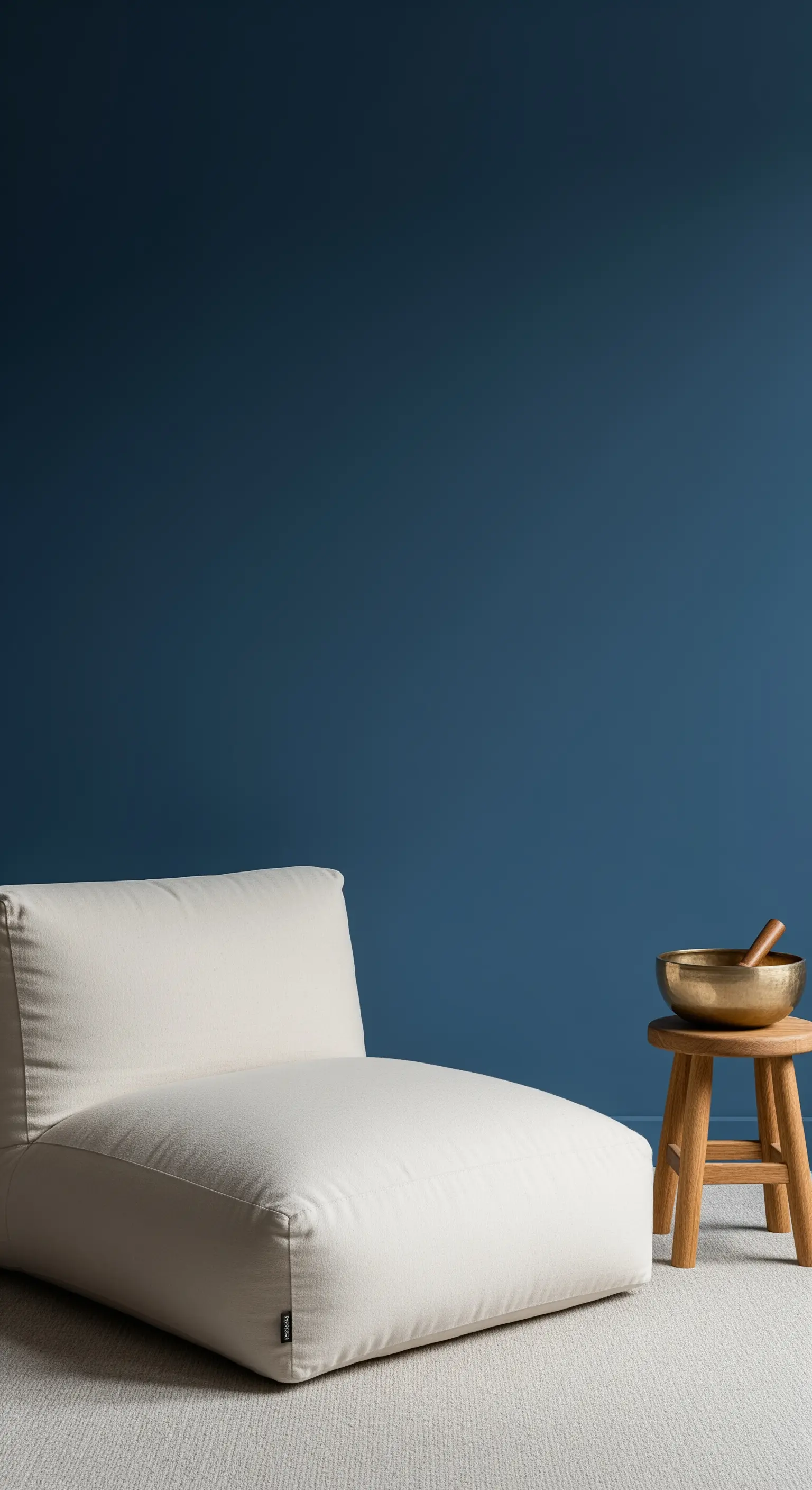 Seduta bassa e informale color ecrù su una parete blu notte con campana tibetana.