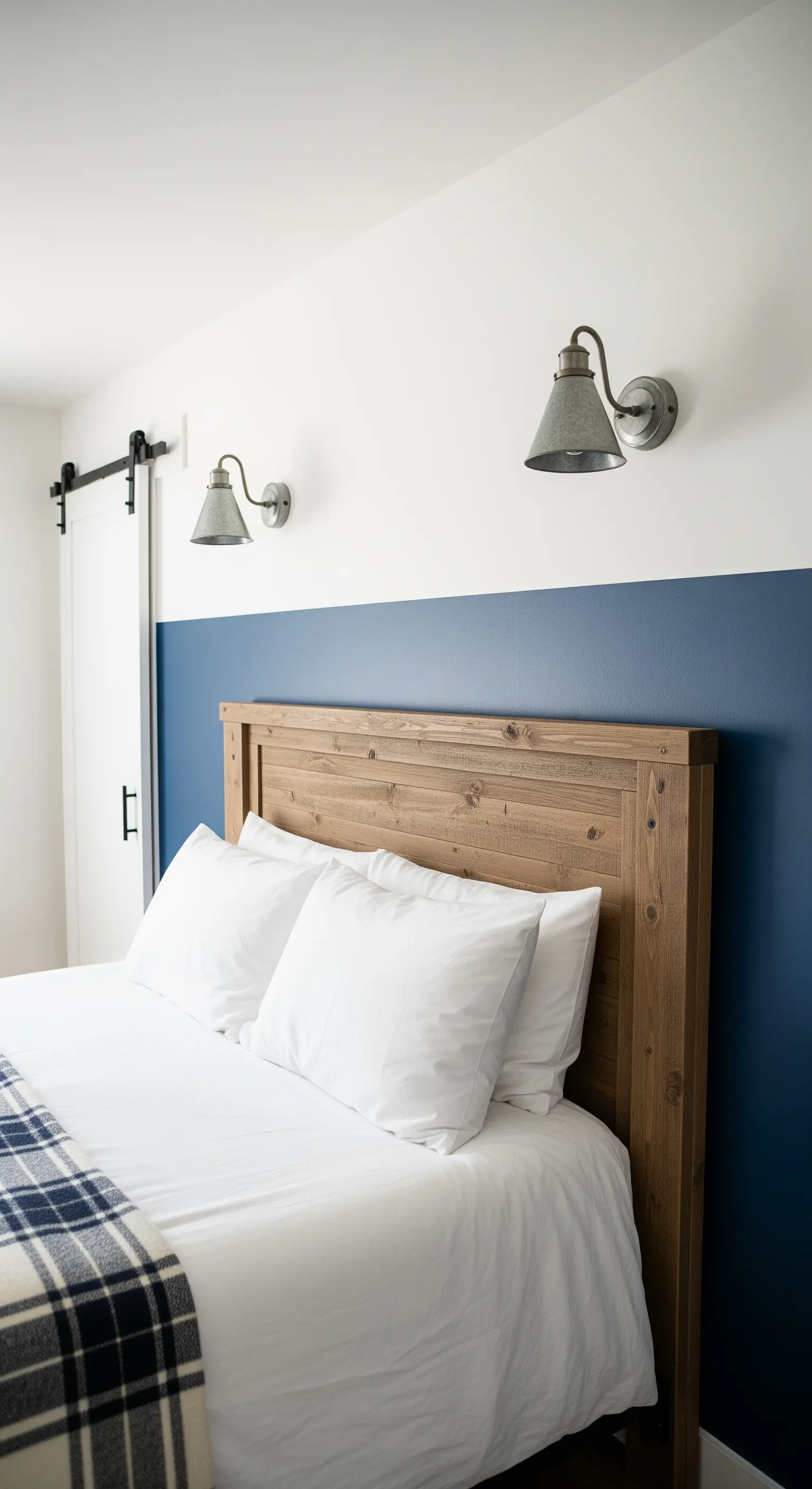 Camera da letto moderna con parete blu navy e bianca, testiera in legno e applique in metallo.