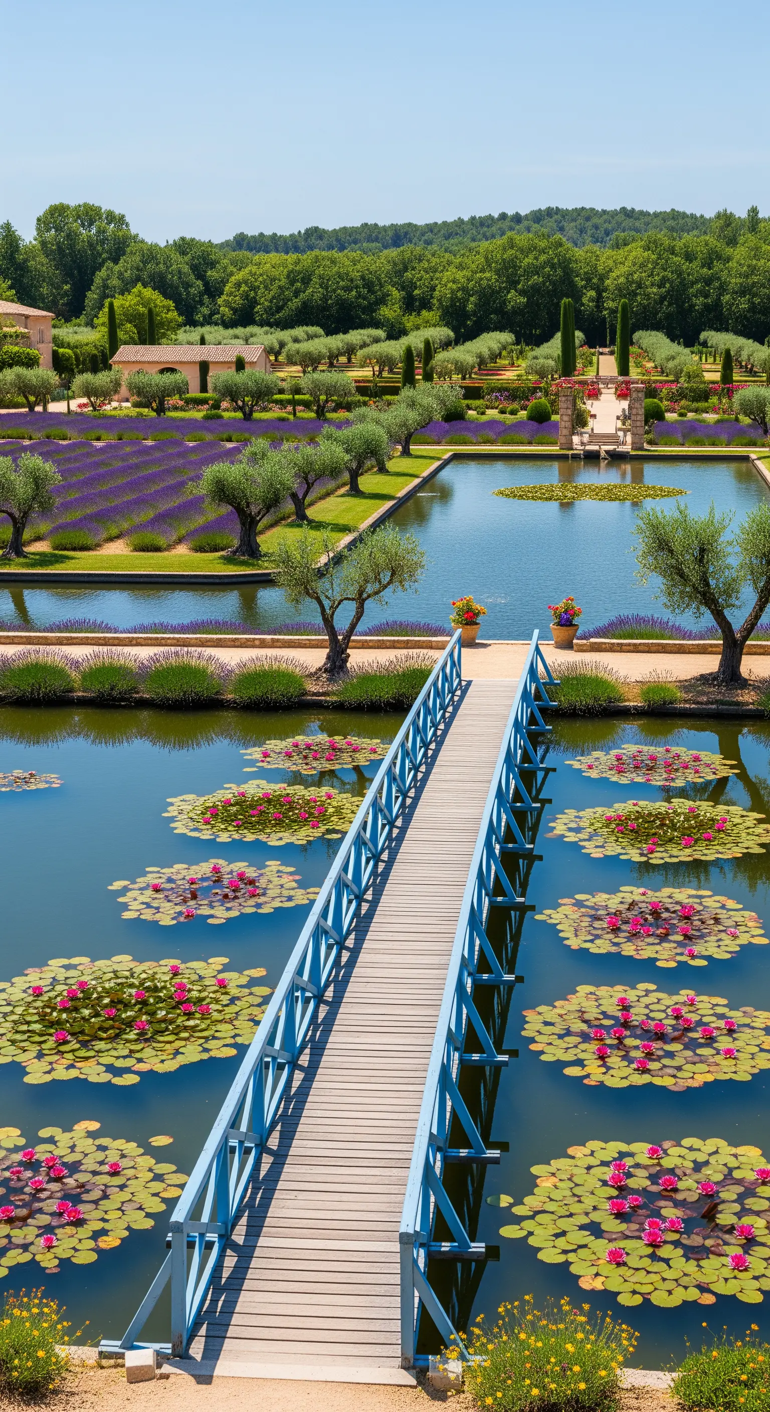 Lungo ponte blu che attraversa un grande stagno con ulivi e campi di lavanda sullo sfondo