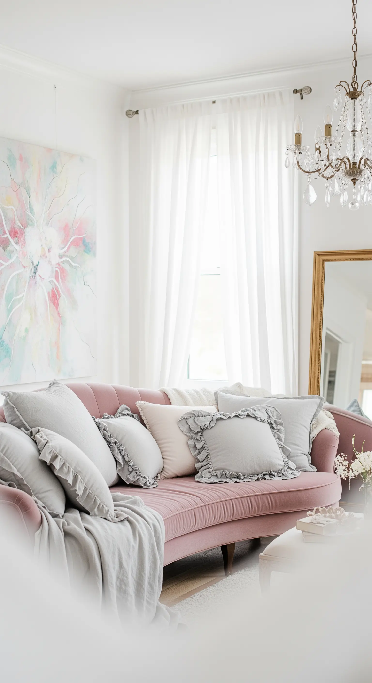 Divano curvo rosa con cuscini grigi con rouches, lampadario di cristallo e specchio dorato.