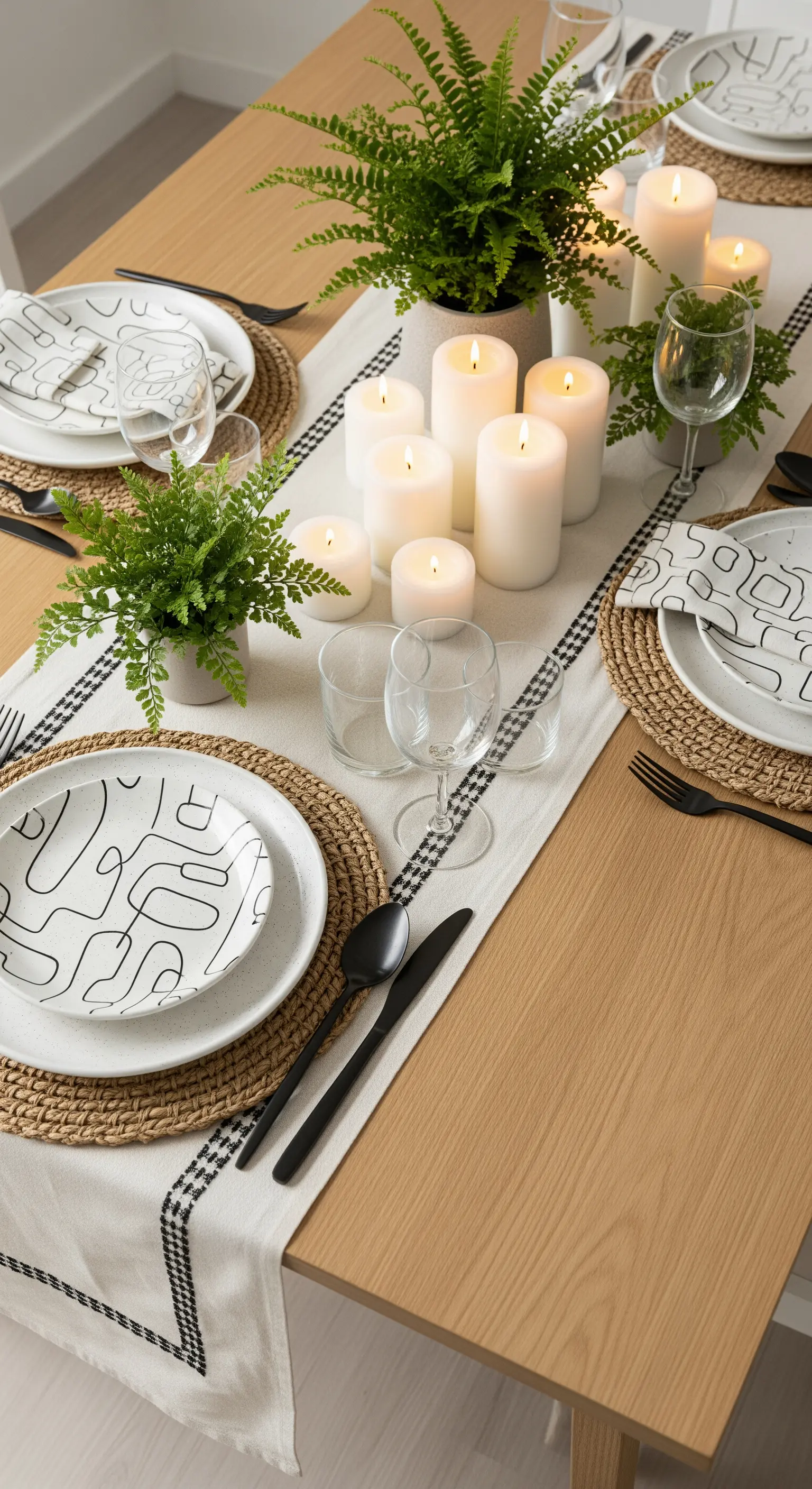 Tavola minimalista con piatti a motivi astratti, posate nere e piante di felce