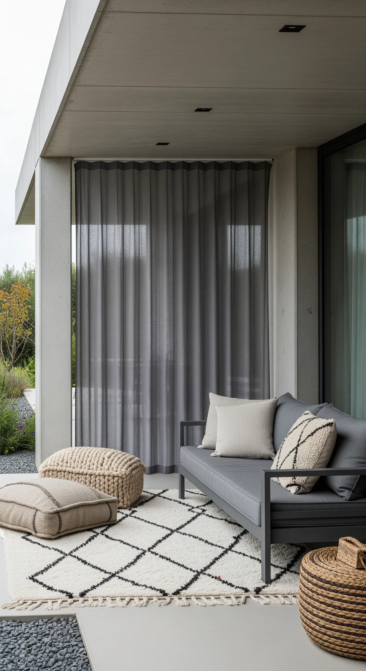 Patio moderno in cemento con divano grigio, tappeto berbero bianco e nero e pouf in iuta