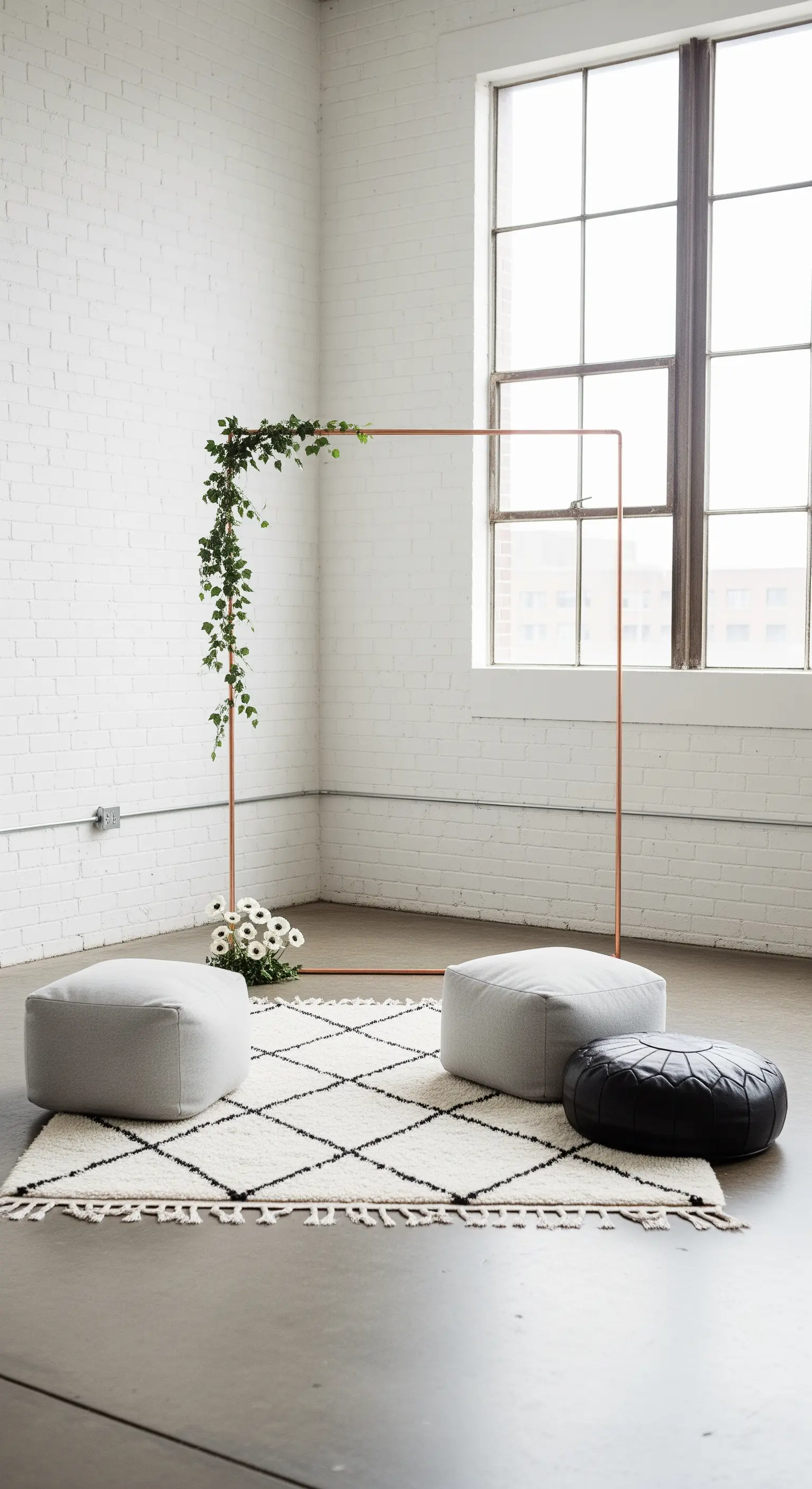 Corner minimalista in un loft con telaio in rame, tappeto berbero e pouf grigi.