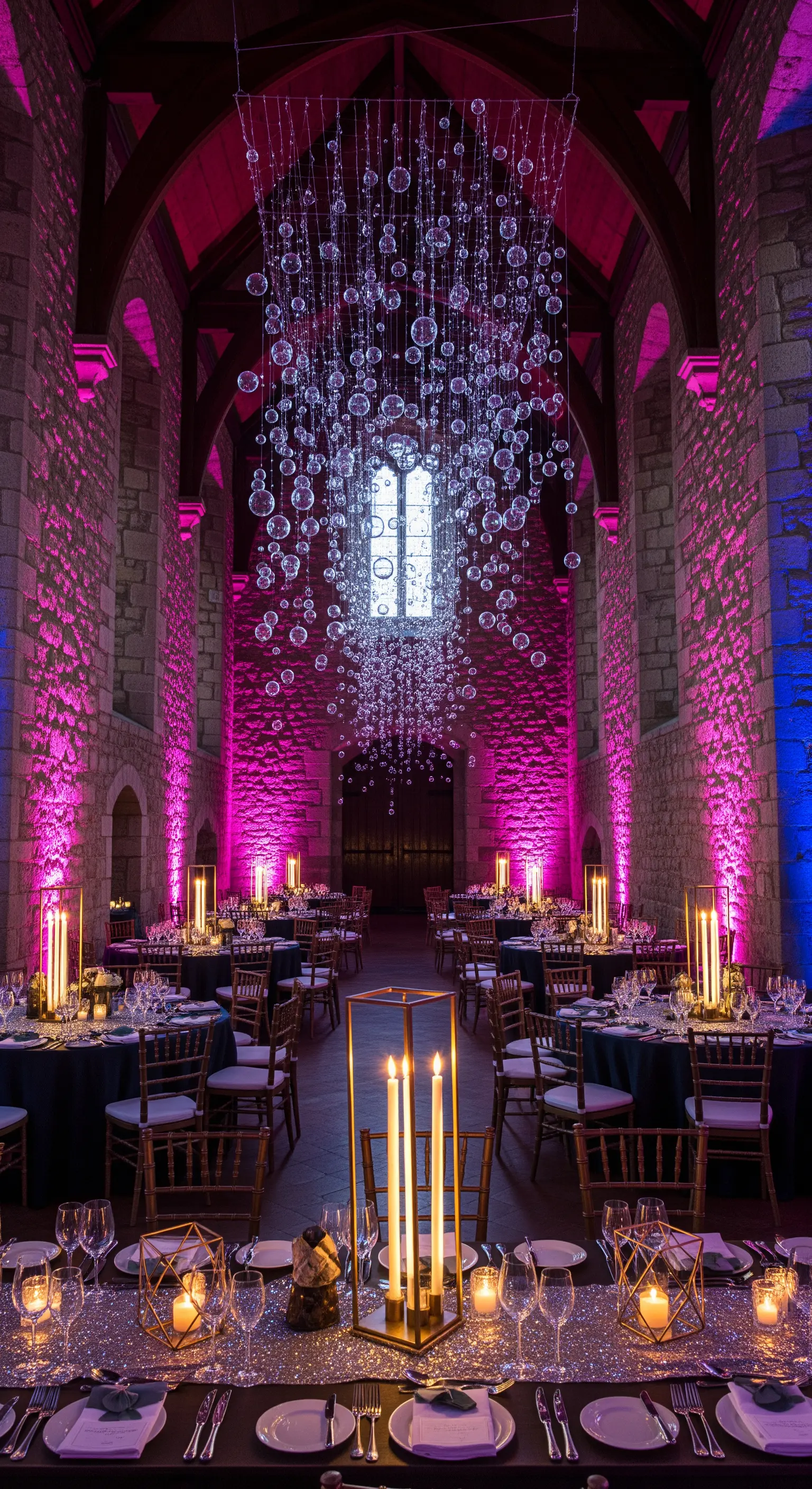 Installazione di bolle di vetro sospese in una sala con pareti in pietra e luci magenta.