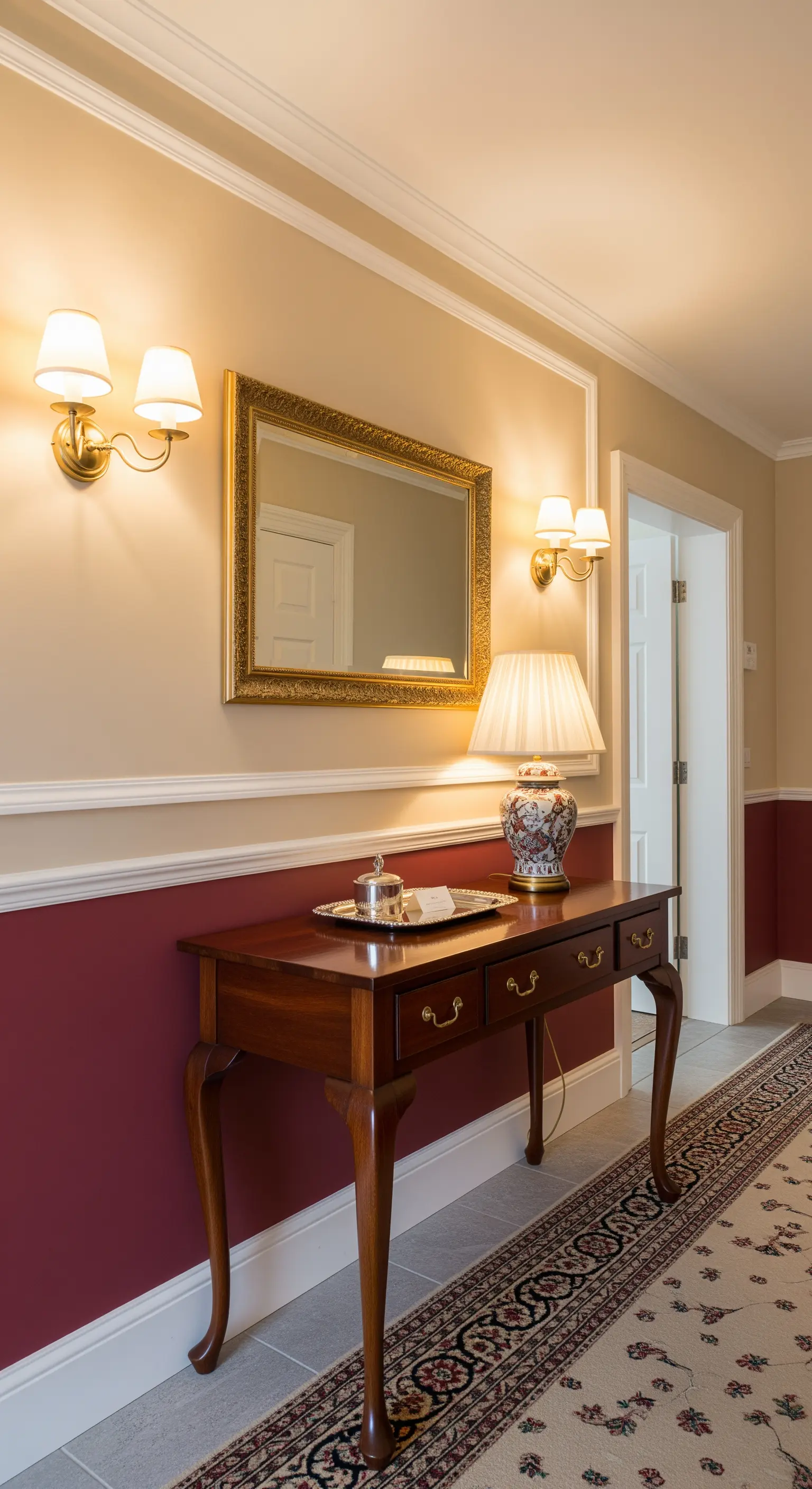 Ingresso classico con parete inferiore bordeaux, consolle in mogano e illuminazione calda.