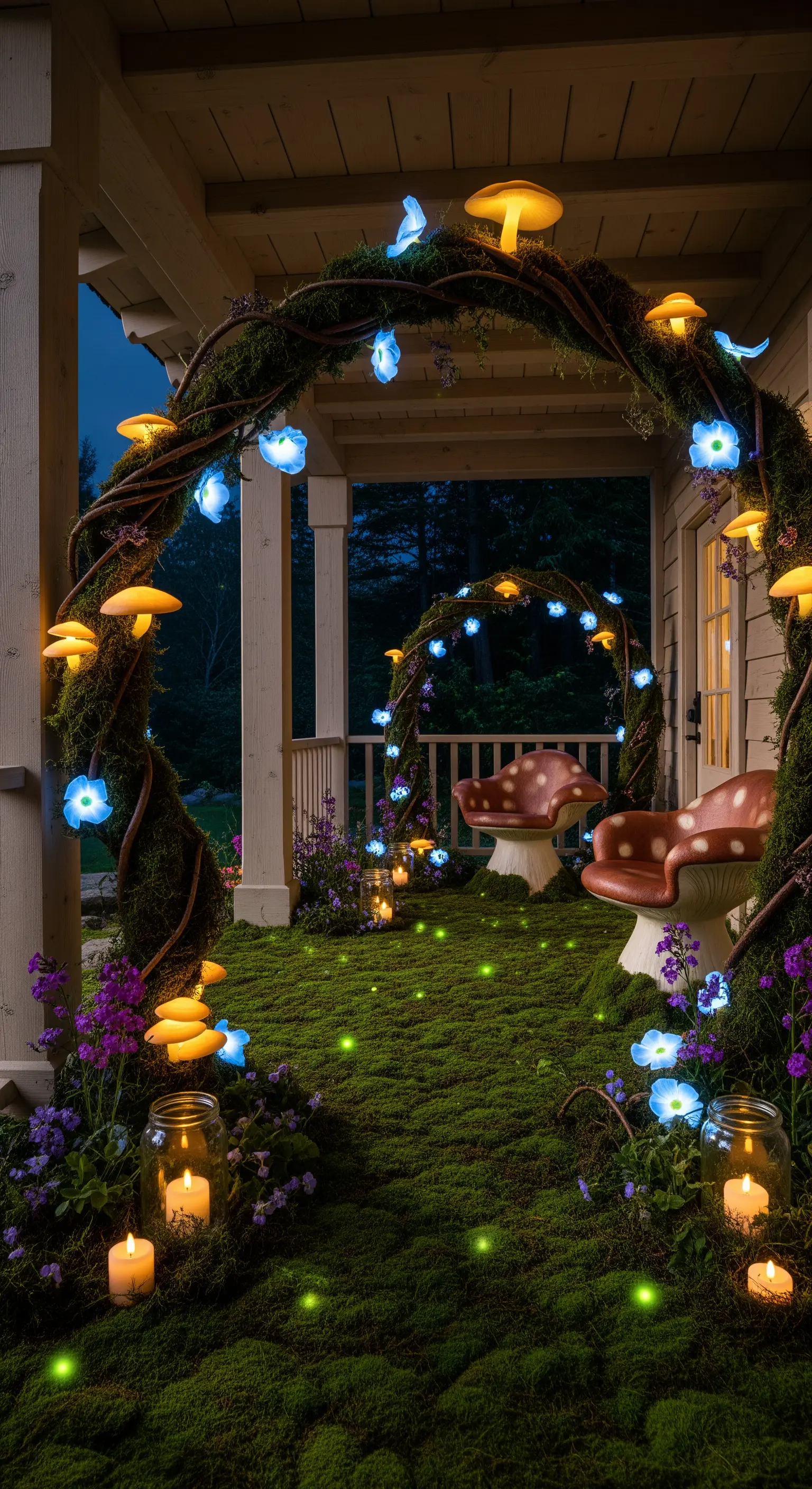 Veranda trasformata in un bosco incantato con muschio, funghi luminosi e sedute a tema.