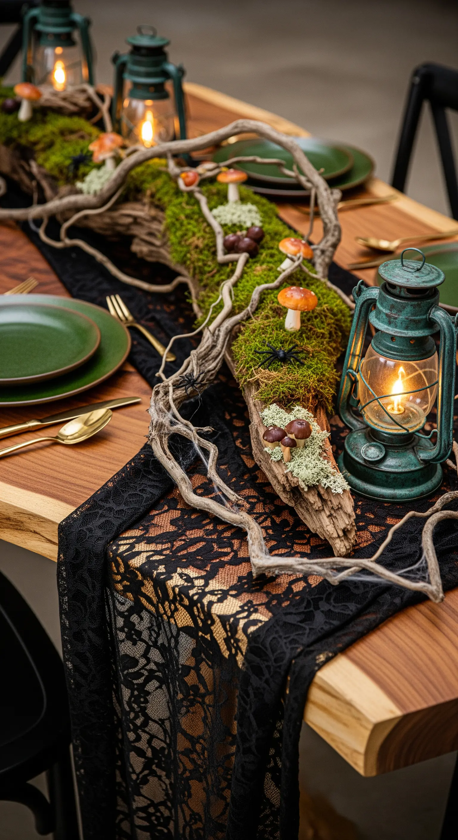 Centrotavola a tema bosco incantato con muschio, funghi e lanterne verdi.