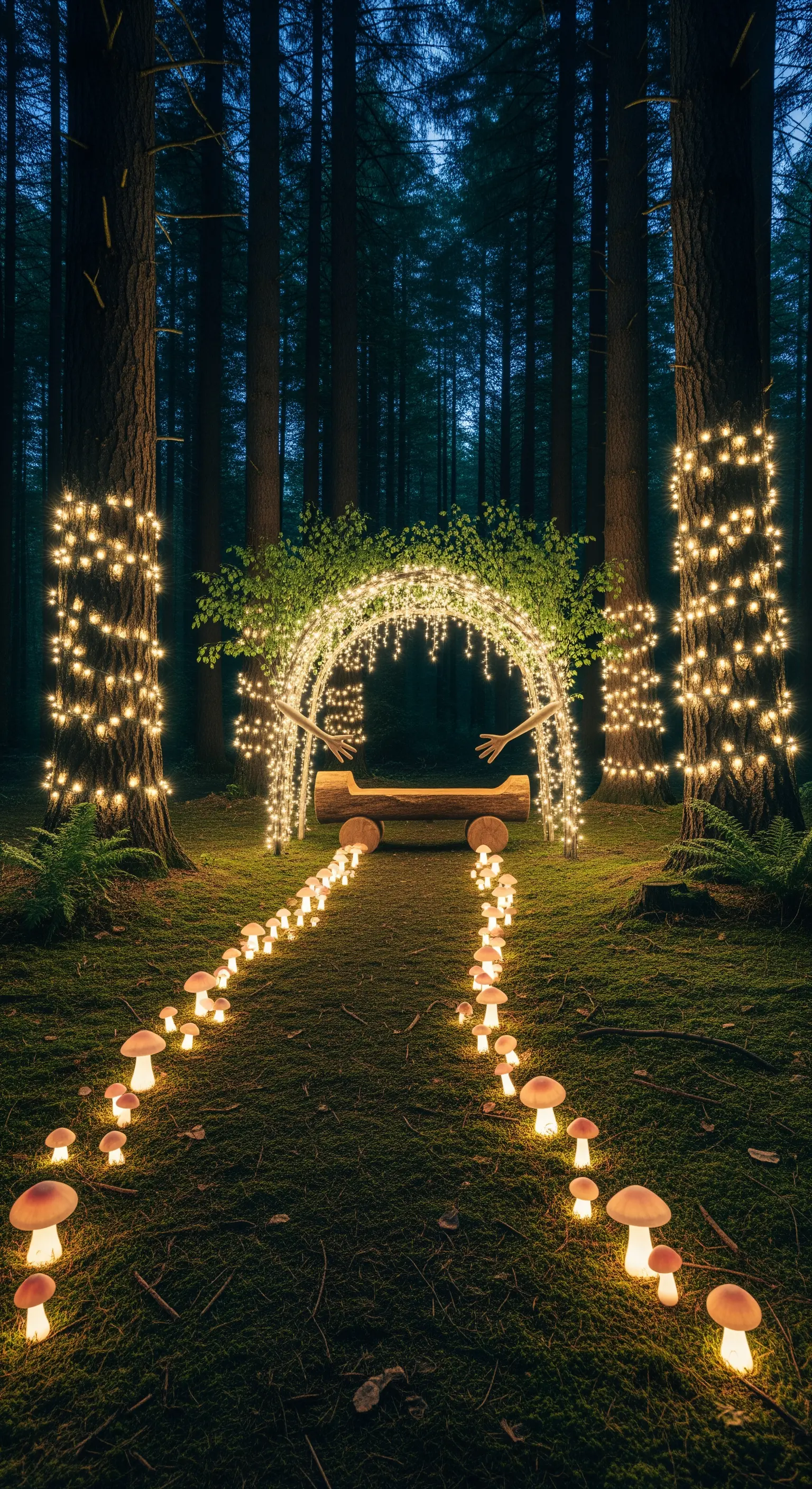 Sentiero in un bosco di notte, con alberi e un arco avvolti in lucine e funghi luminosi a terra.