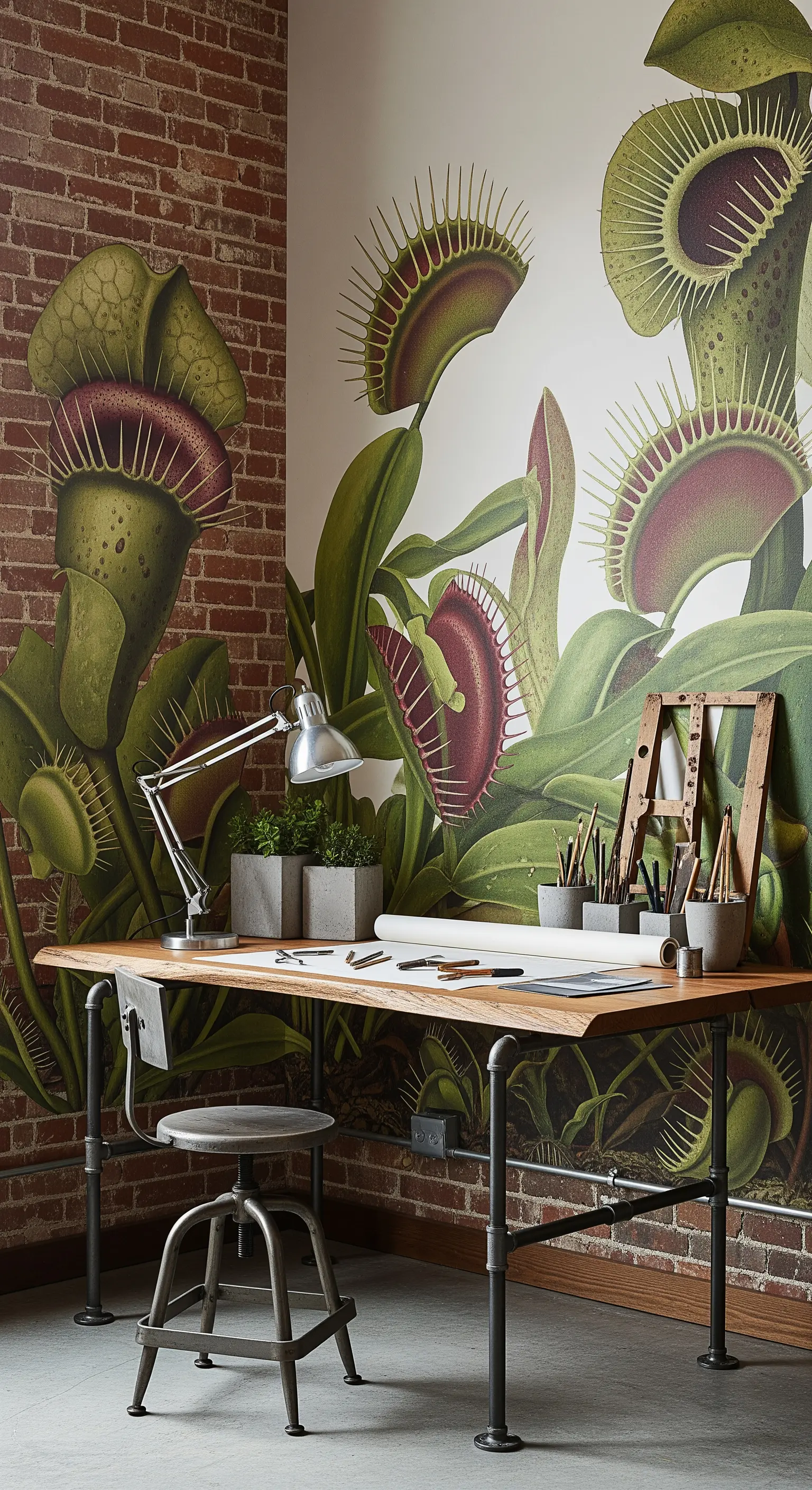 Scrivania in stile industriale su una parete con carta da parati botanica e mattoni a vista.