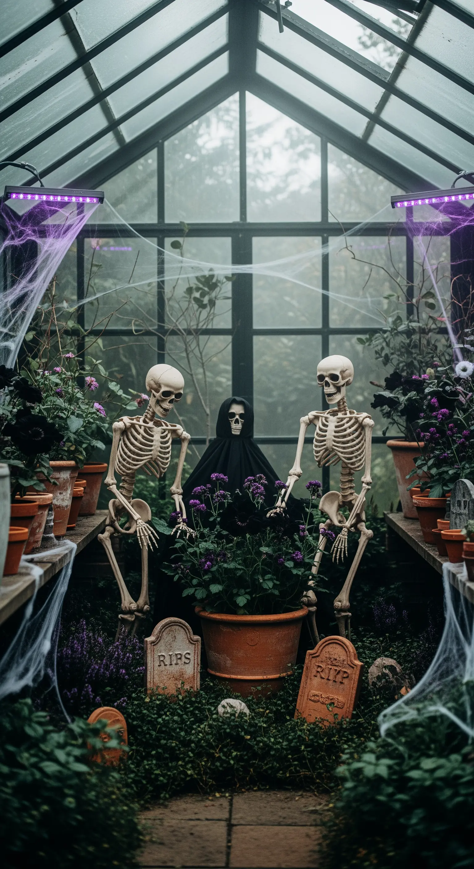 Scheletri in una serra nebbiosa con piante scure e luci di crescita viola.