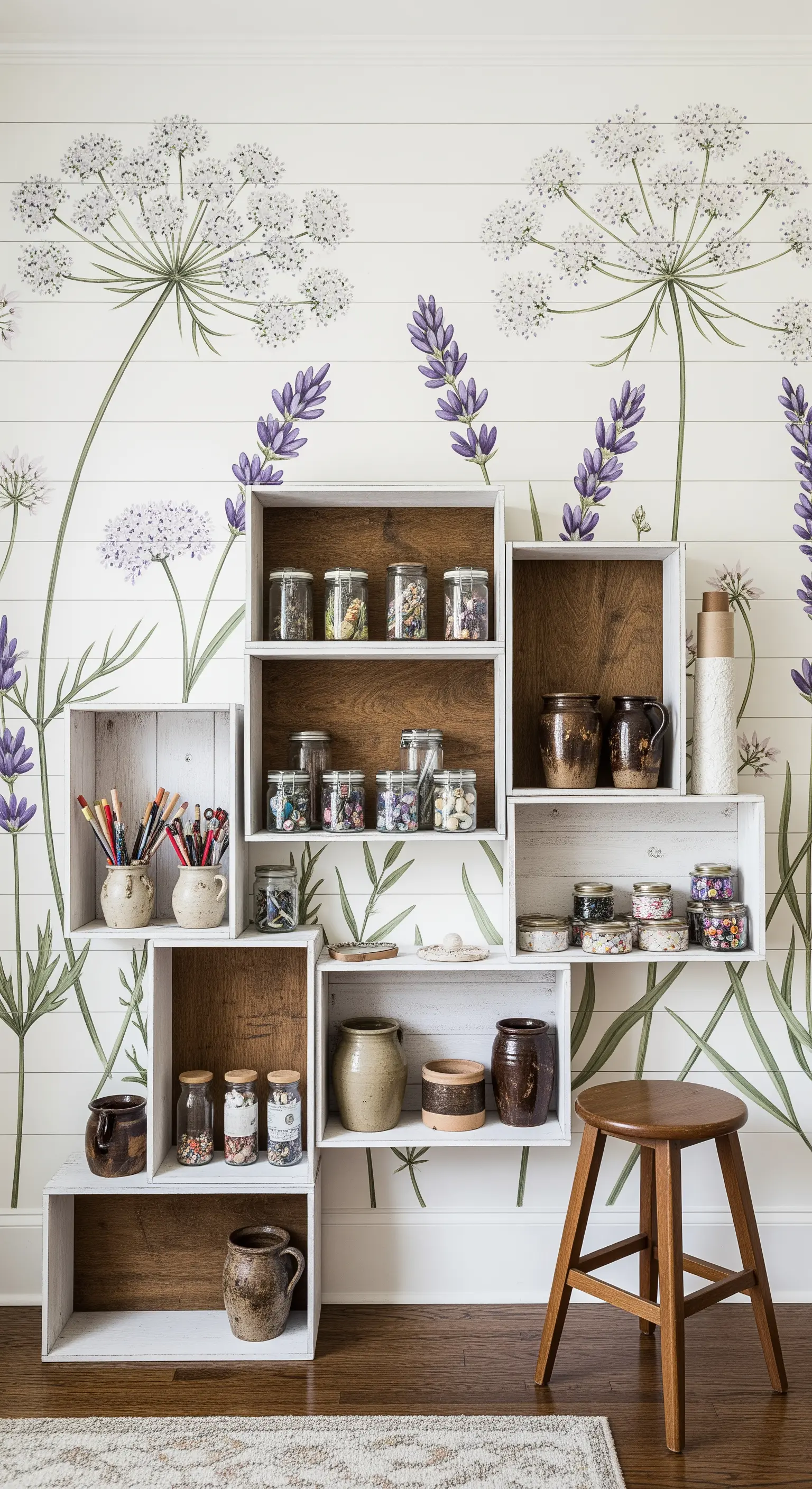 Mensole create con cassette di legno su una parete con murale di fiori di campo.