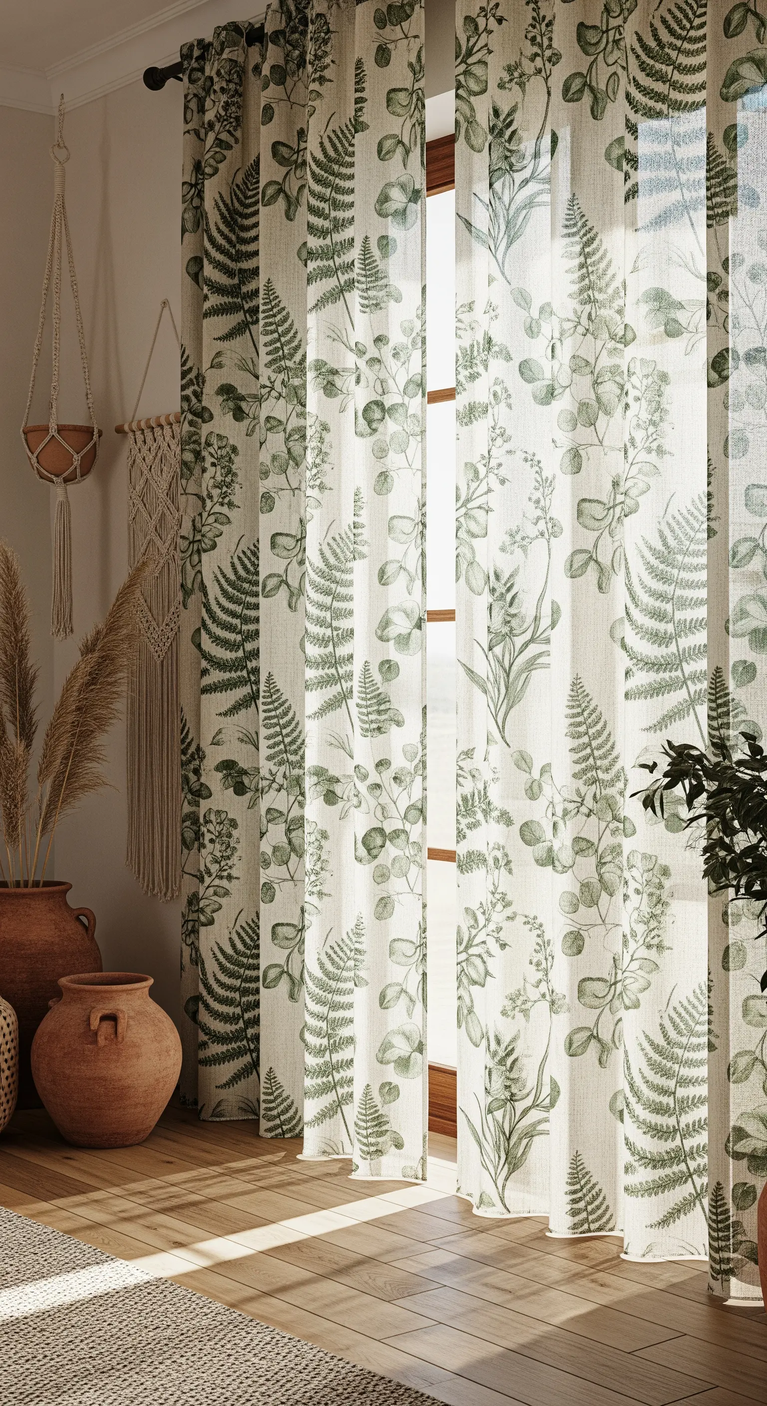 Tende in lino con stampa botanica di felci ed eucalipto in una stanza con vasi in terracotta.