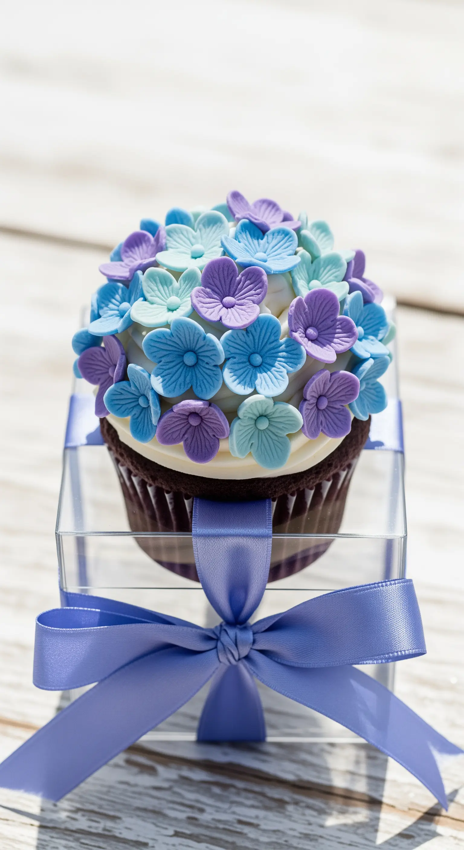 Cupcake ricoperto di piccoli fiori di ortensia blu e viola, con nastro di raso blu.