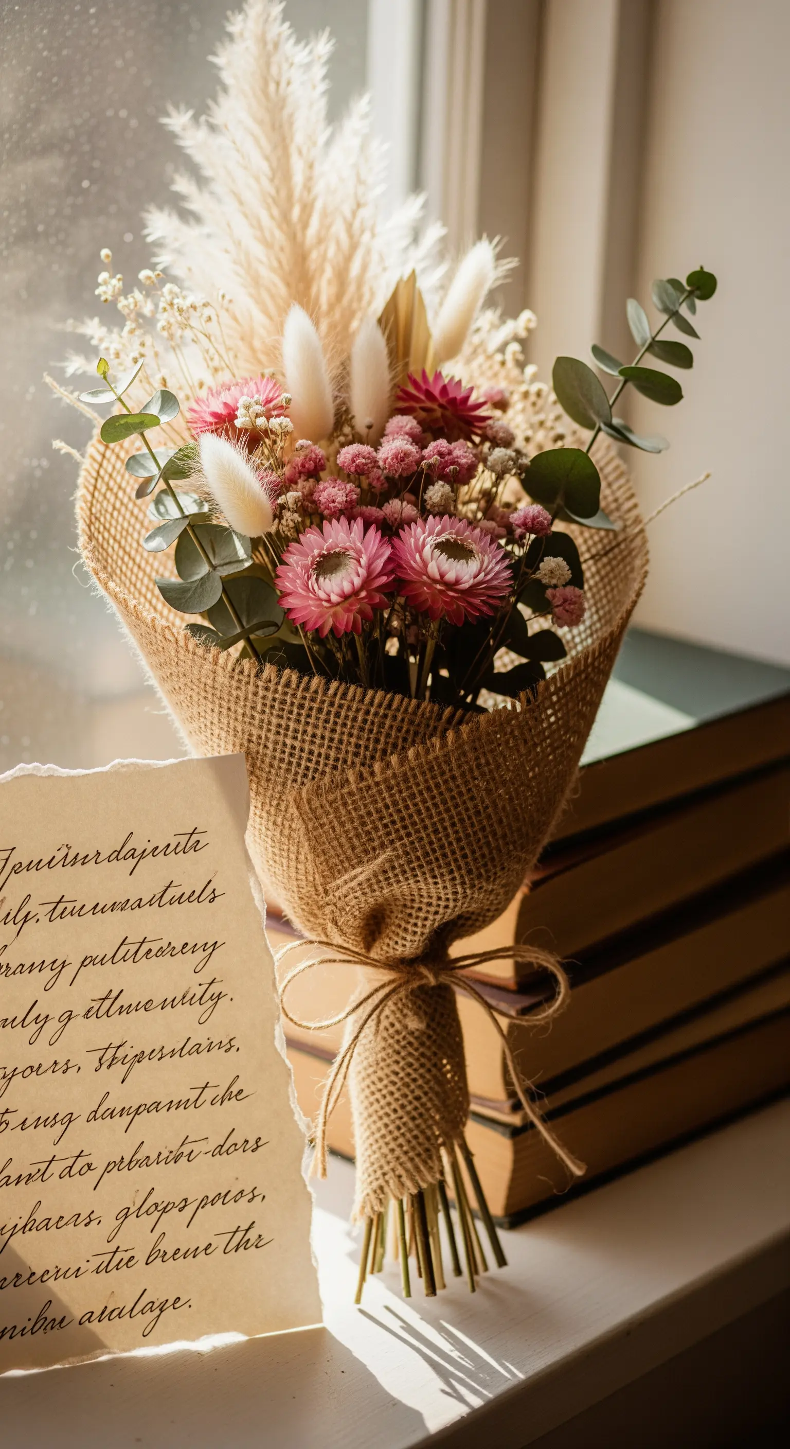 Bouquet di fiori secchi rosa e bianchi, avvolto in un tessuto di iuta e legato con spago.