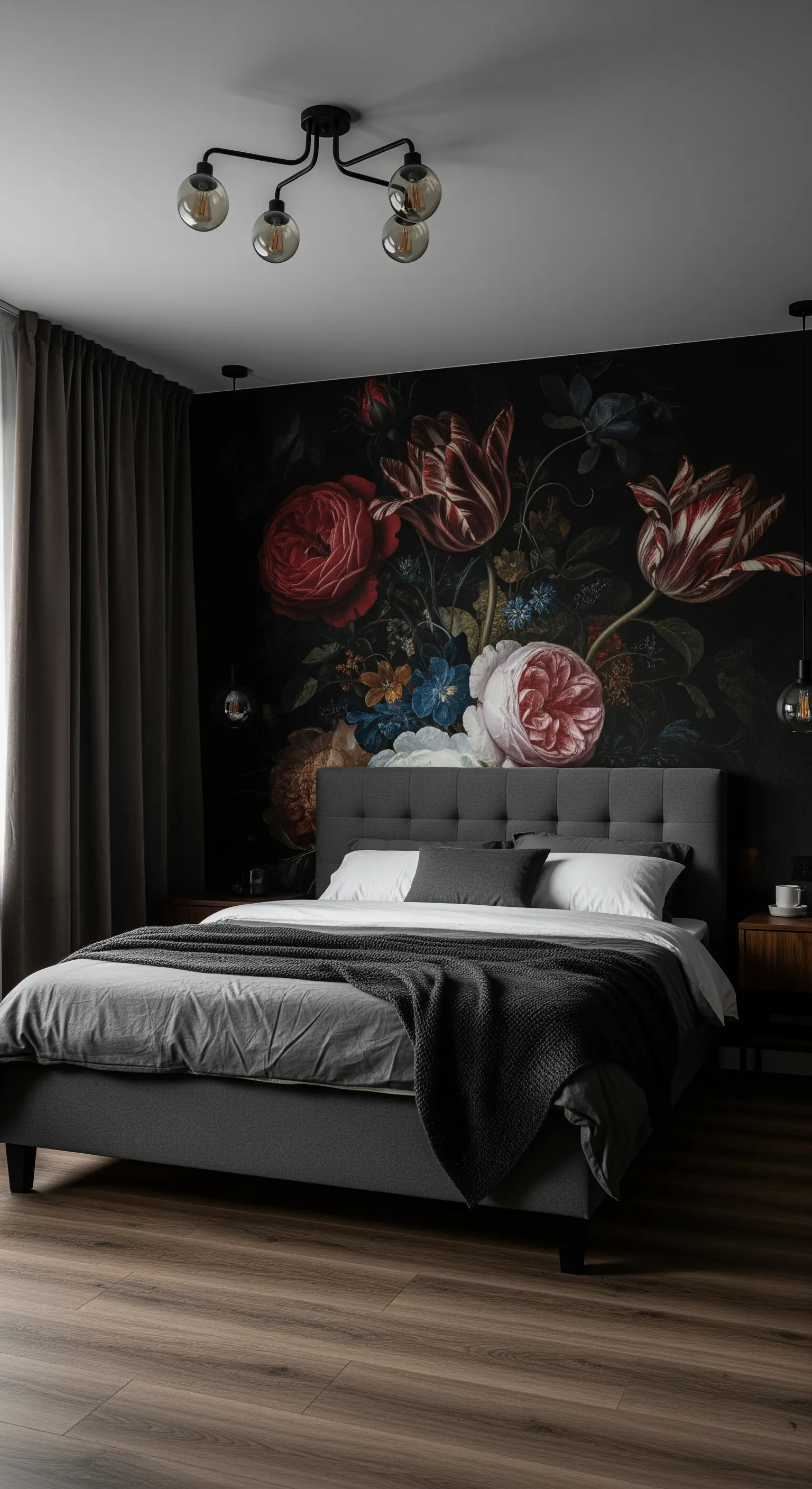Camera da letto moderna con murale di un bouquet fiammingo su sfondo nero.