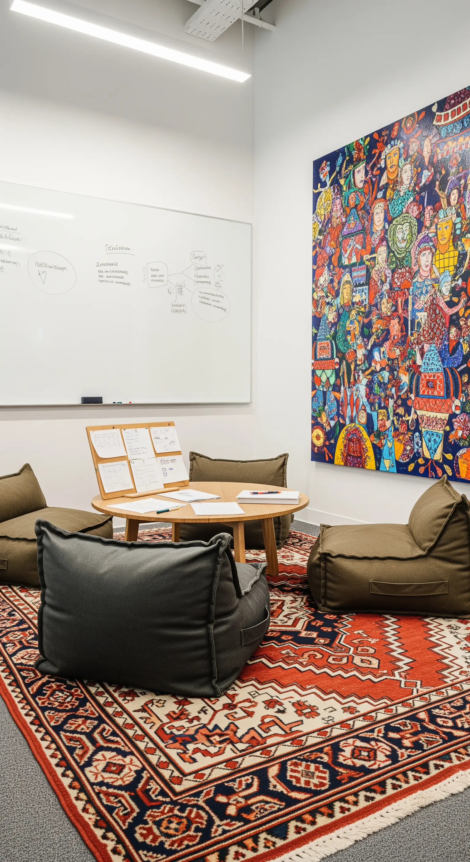 Area riunioni informale con sedute basse a sacco, un tavolino rotondo e una lavagna bianca.