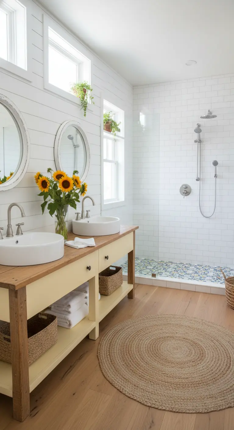 Bagno in stile costiero con pareti a perline, mobile in legno chiaro e tappeto rotondo in juta.