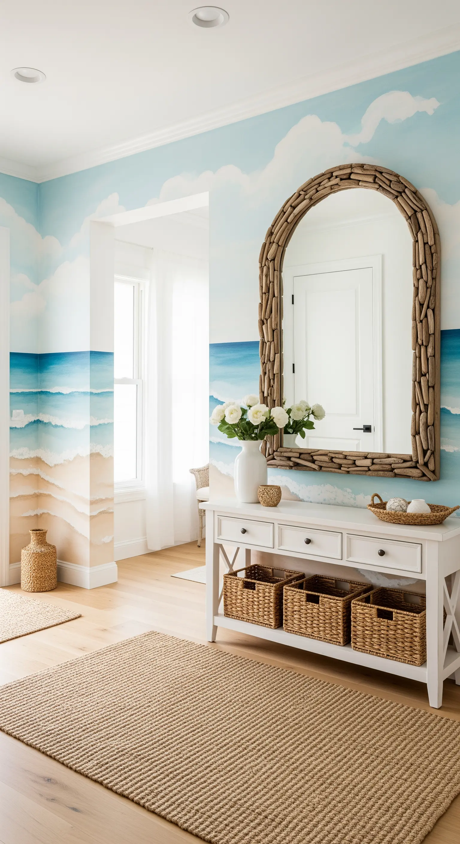 Ingresso in stile costiero con murale a tema spiaggia e specchio con cornice in legno spiaggiato.