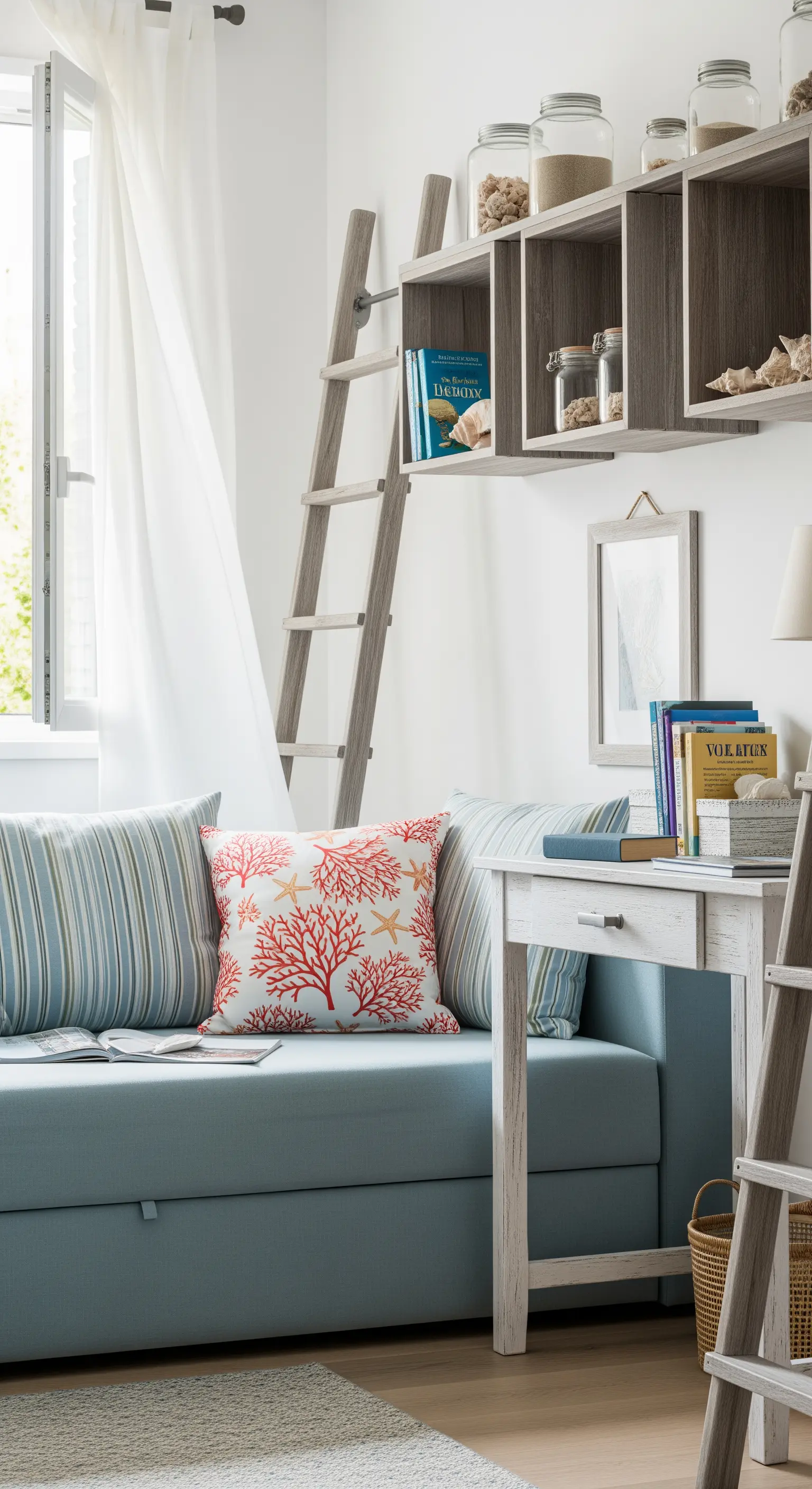 Salotto in stile coastal con divano letto azzurro e mobili in legno decapato.