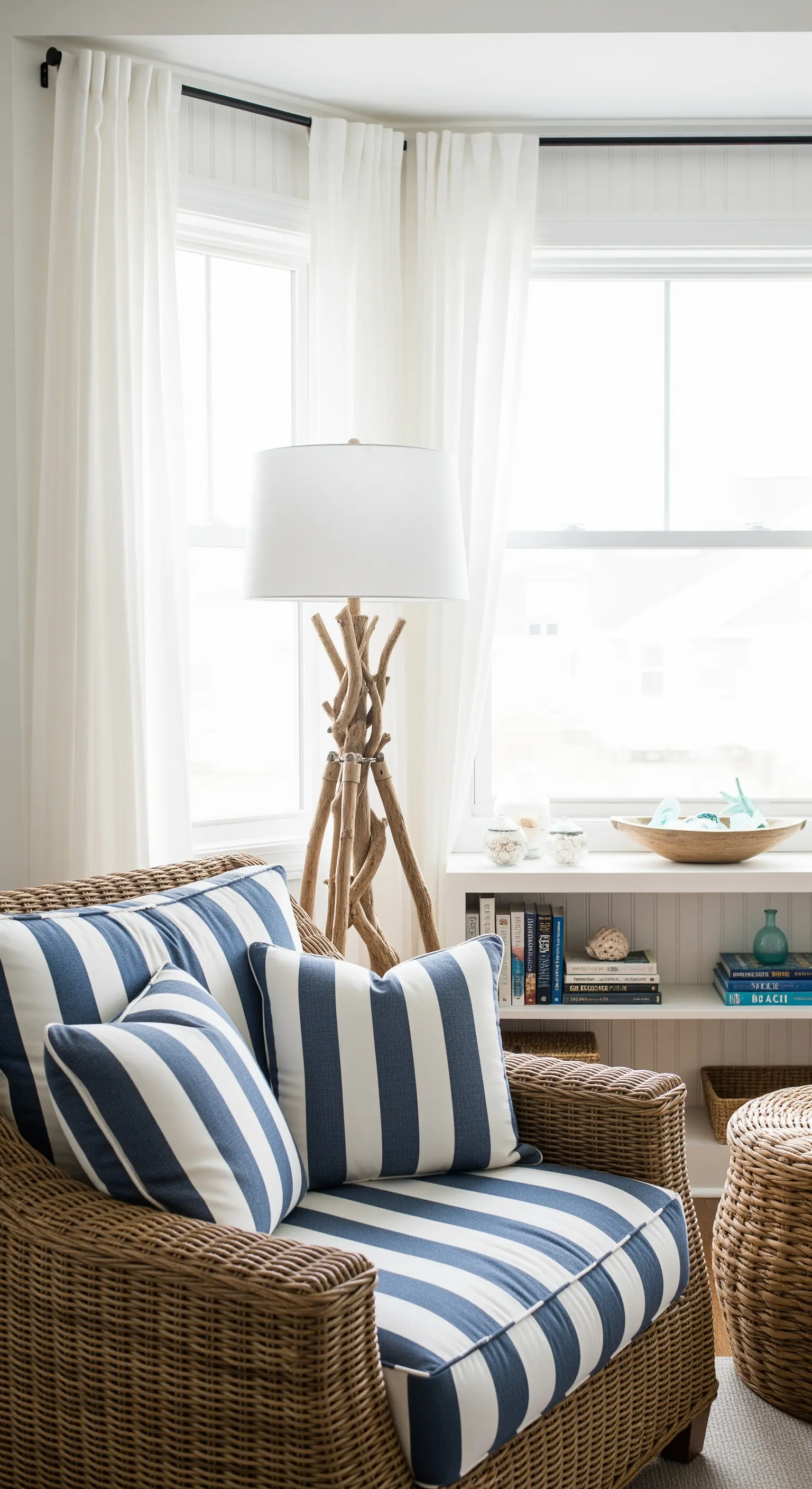 Poltrona in rattan con cuscini a righe bianche e blu in un angolo lettura luminoso.