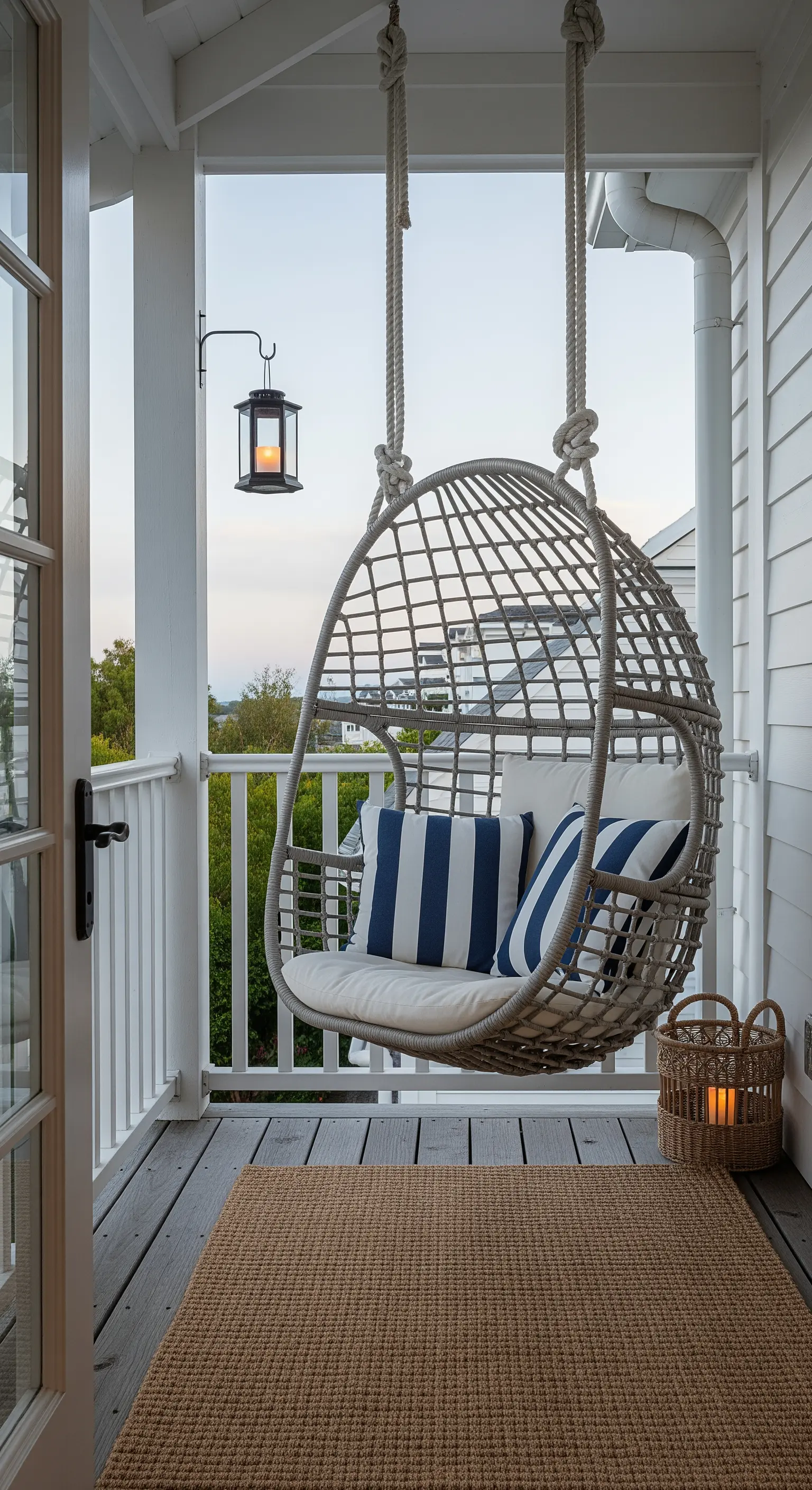 Poltrona sospesa in fibra intrecciata grigia su un portico con vista.