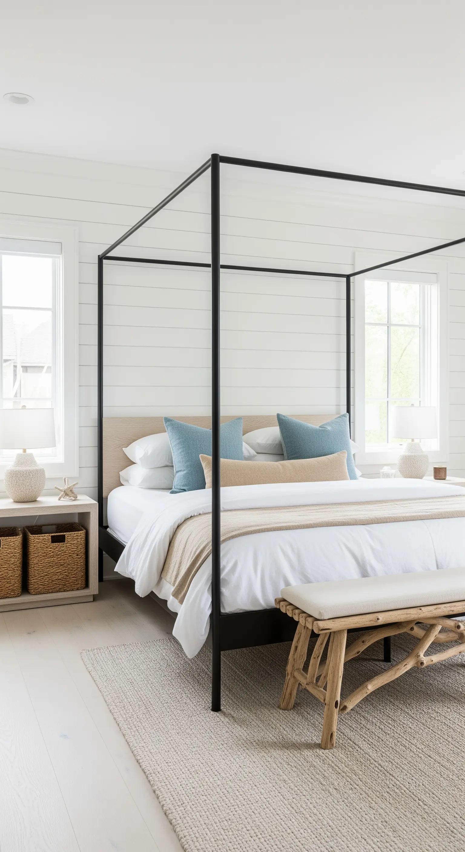 Letto a baldacchino nero in una luminosa camera da letto costiera con pareti in doghe di legno bianco.