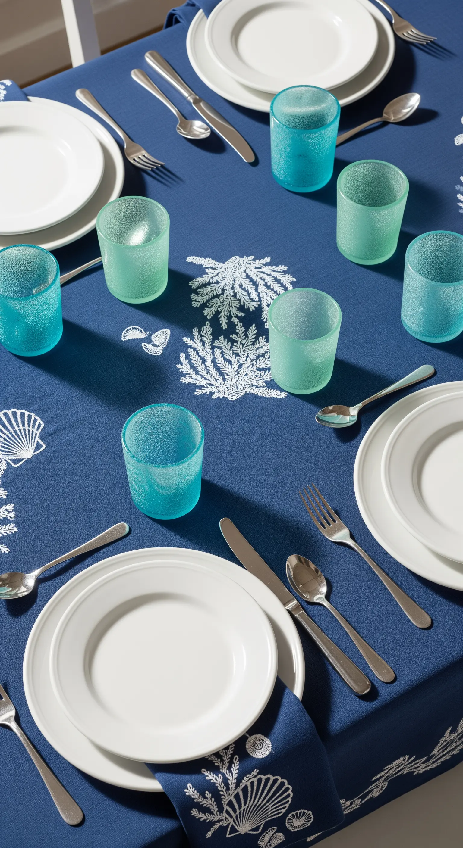 Tavola estiva con tovaglia blu, ricami a corallo bianco e bicchieri color acquamarina.