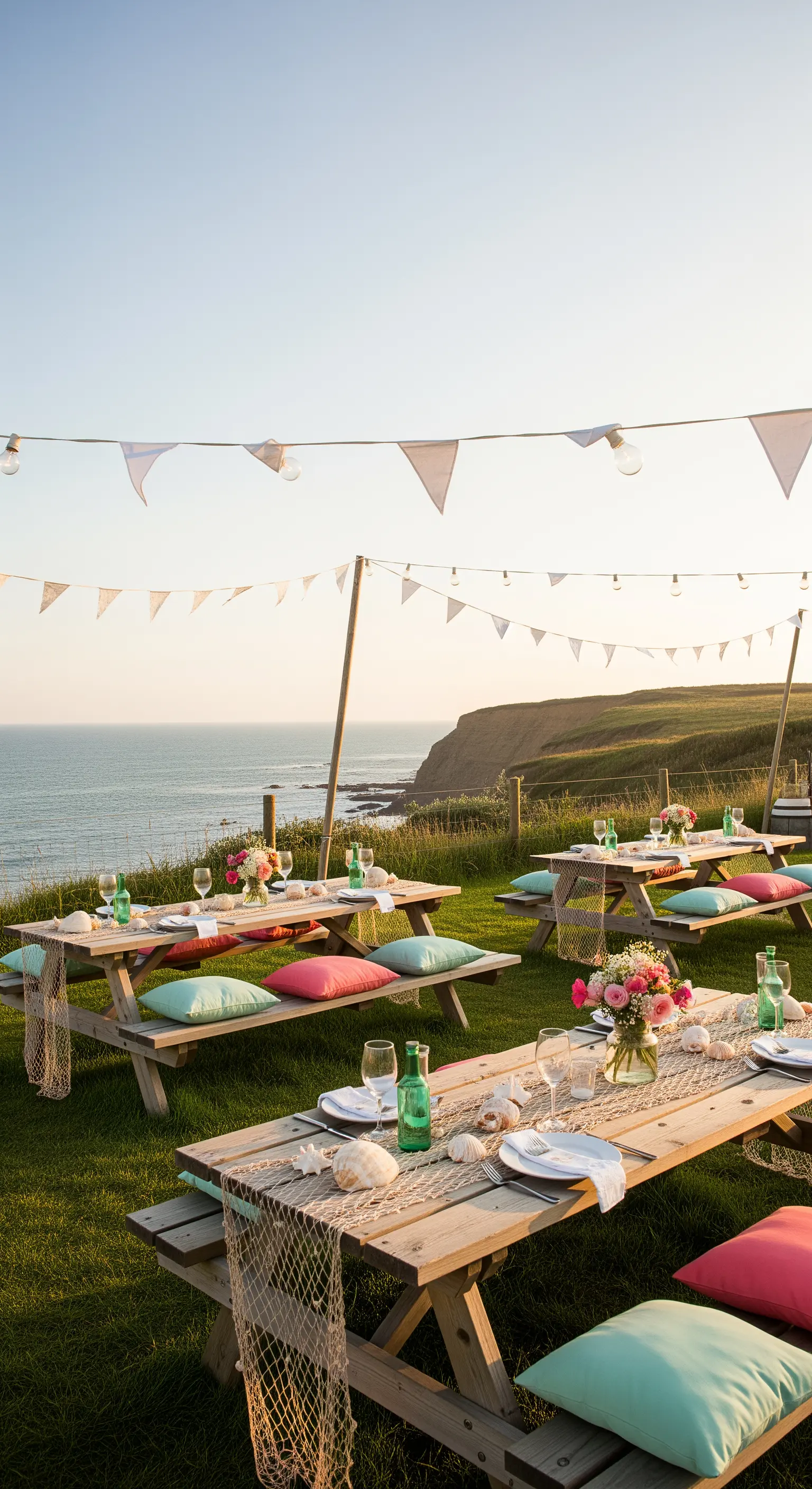Tavoli da picnic vista mare con reti da pesca e cuscini color pastello.