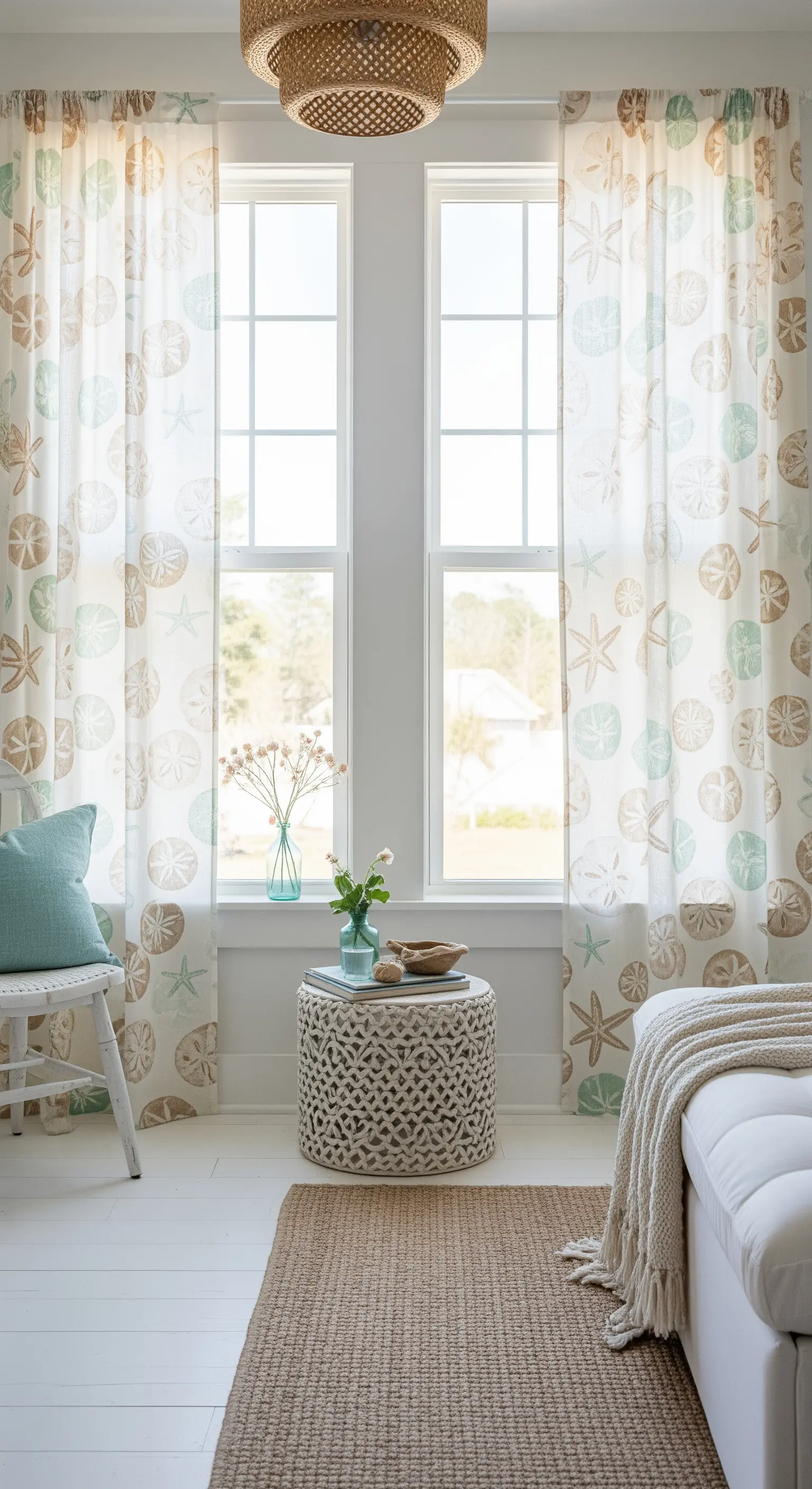 Tende leggere con un motivo di dollari di sabbia e stelle marine in toni neutri e acquamarina.