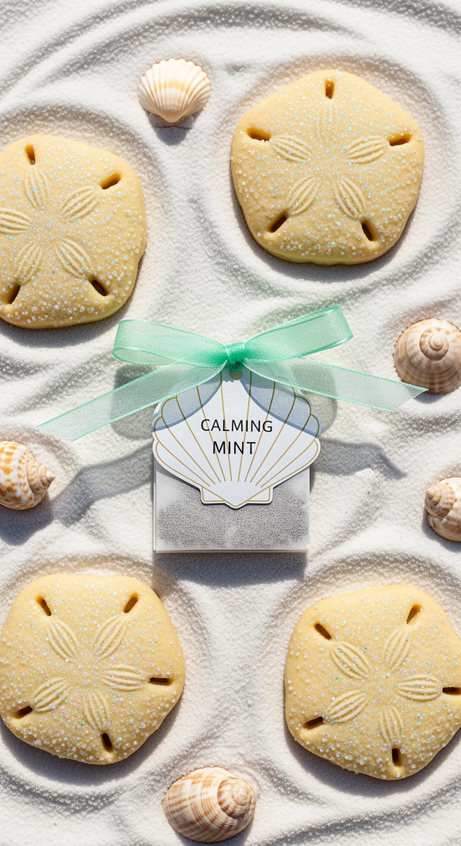 Biscotti a forma di dollaro di sabbia e tè alla menta con etichetta a conchiglia sulla sabbia.