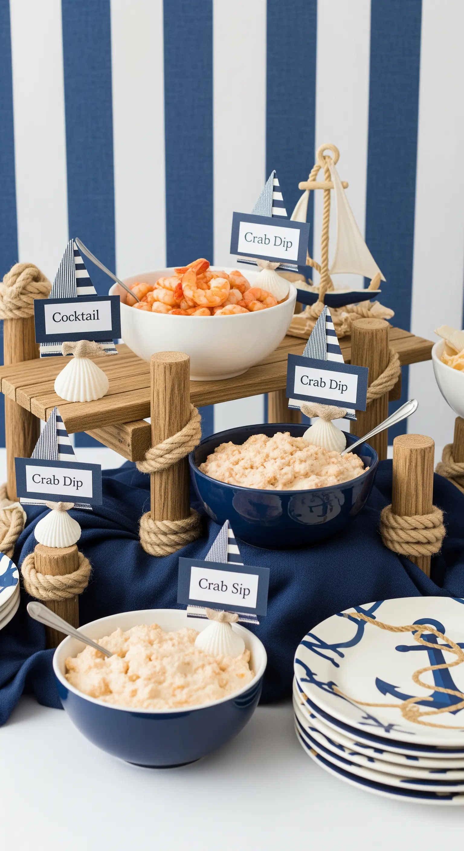 Buffet a tema nautico con alzate in legno e corda, ciotole blu e etichette a forma di vela.