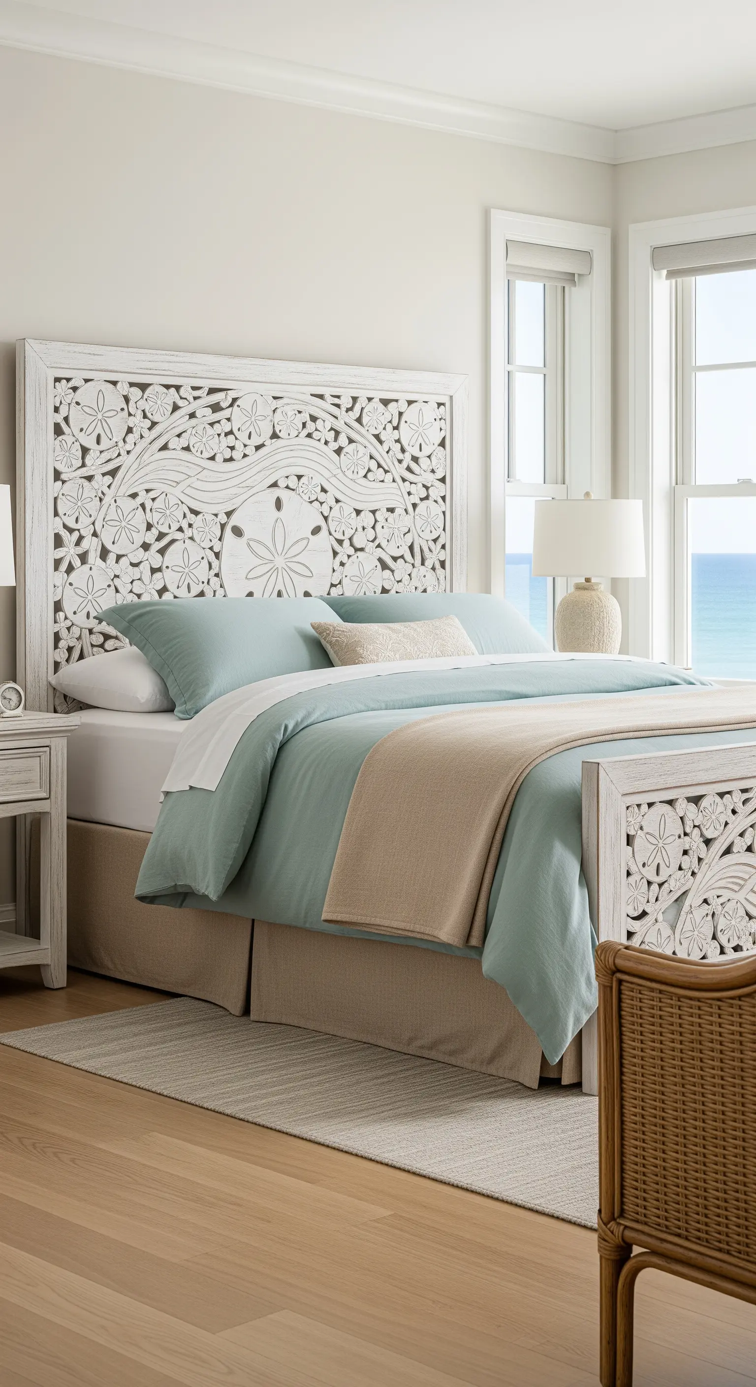 Testiera in legno bianco intagliato con motivi di conchiglie in una camera da letto vista mare.