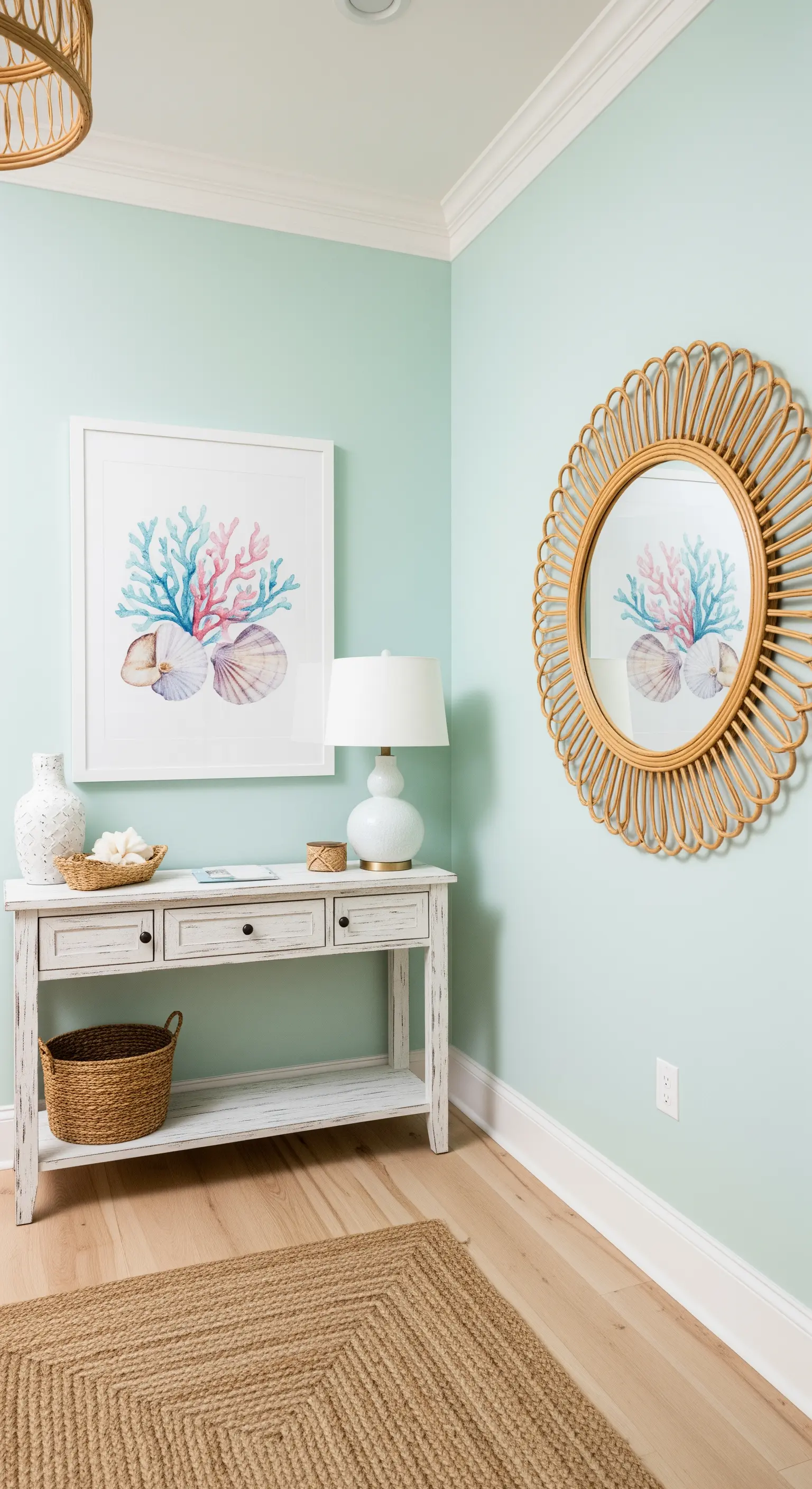 Ingresso in stile costiero con parete color acqua, consolle bianca e specchio in rattan.