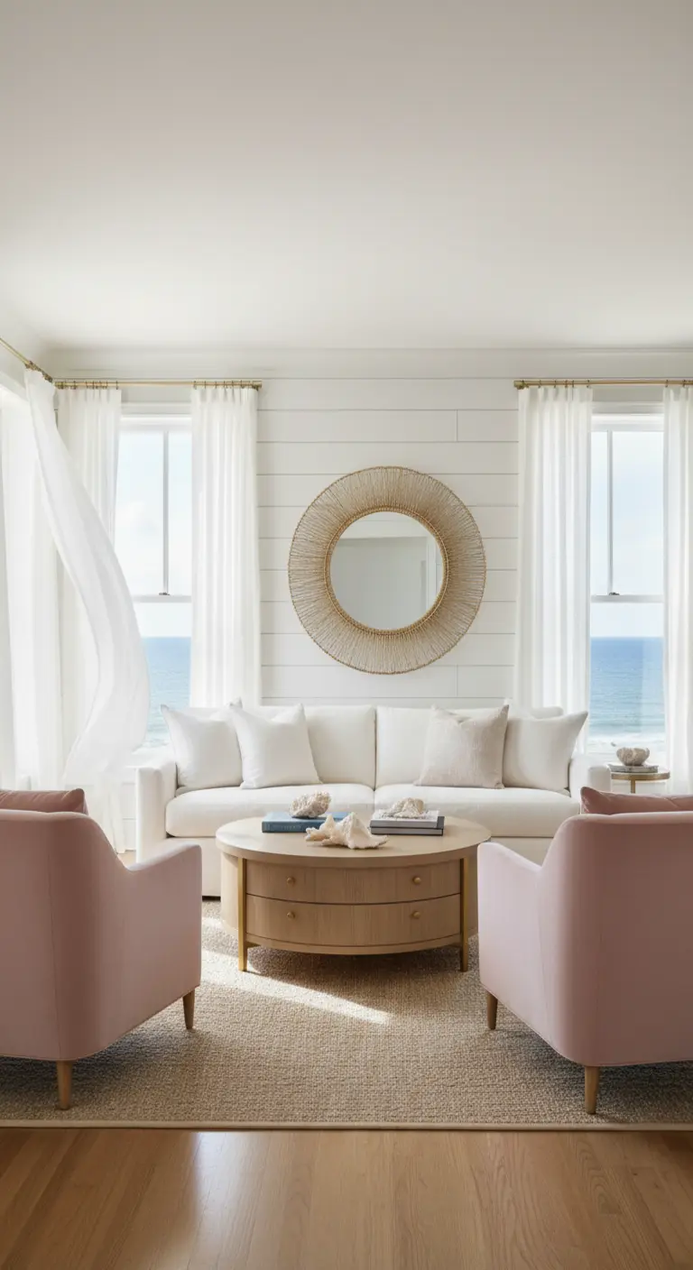 Salotto in stile costiero con specchio rotondo dorato, divano bianco e poltrone rosa.