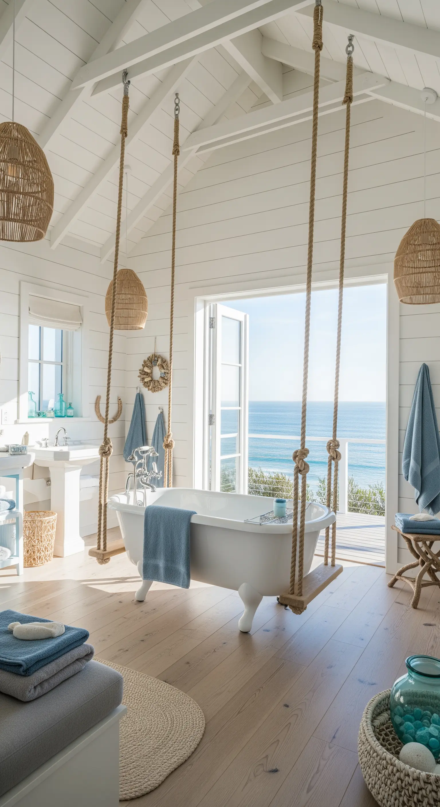 Vasca bianca sospesa con corde in un bagno luminoso in stile coastal con vista sull'oceano.