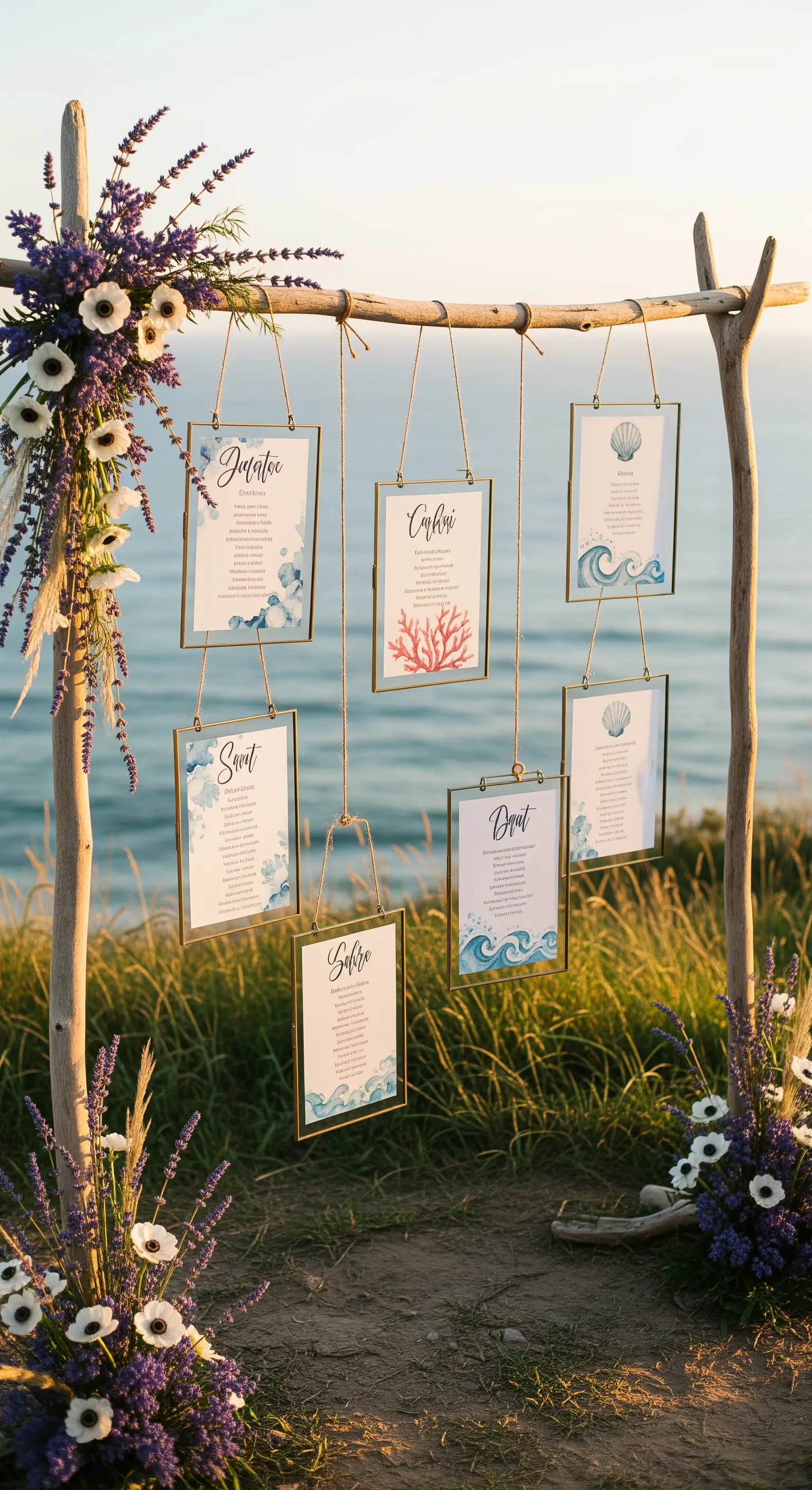 Tableau mariage vista mare con cornici appese a una struttura di legno e decorazioni floreali.