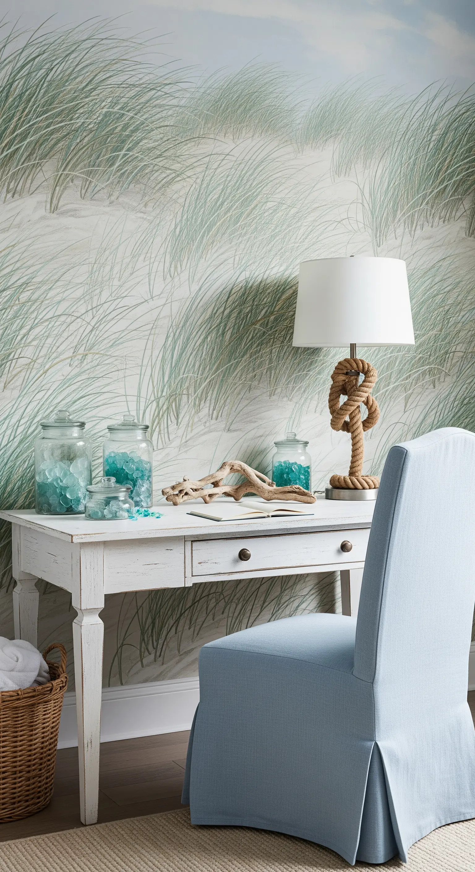 Scrivania bianca invecchiata con sedia azzurra davanti a una carta da parati a tema dune costiere.