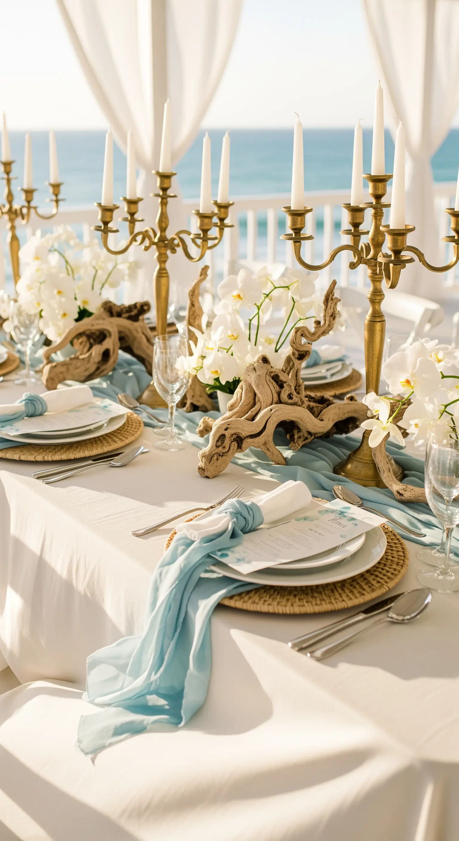 Tavola vista mare con runner azzurro, sottopiatti in rattan, legni e orchidee.