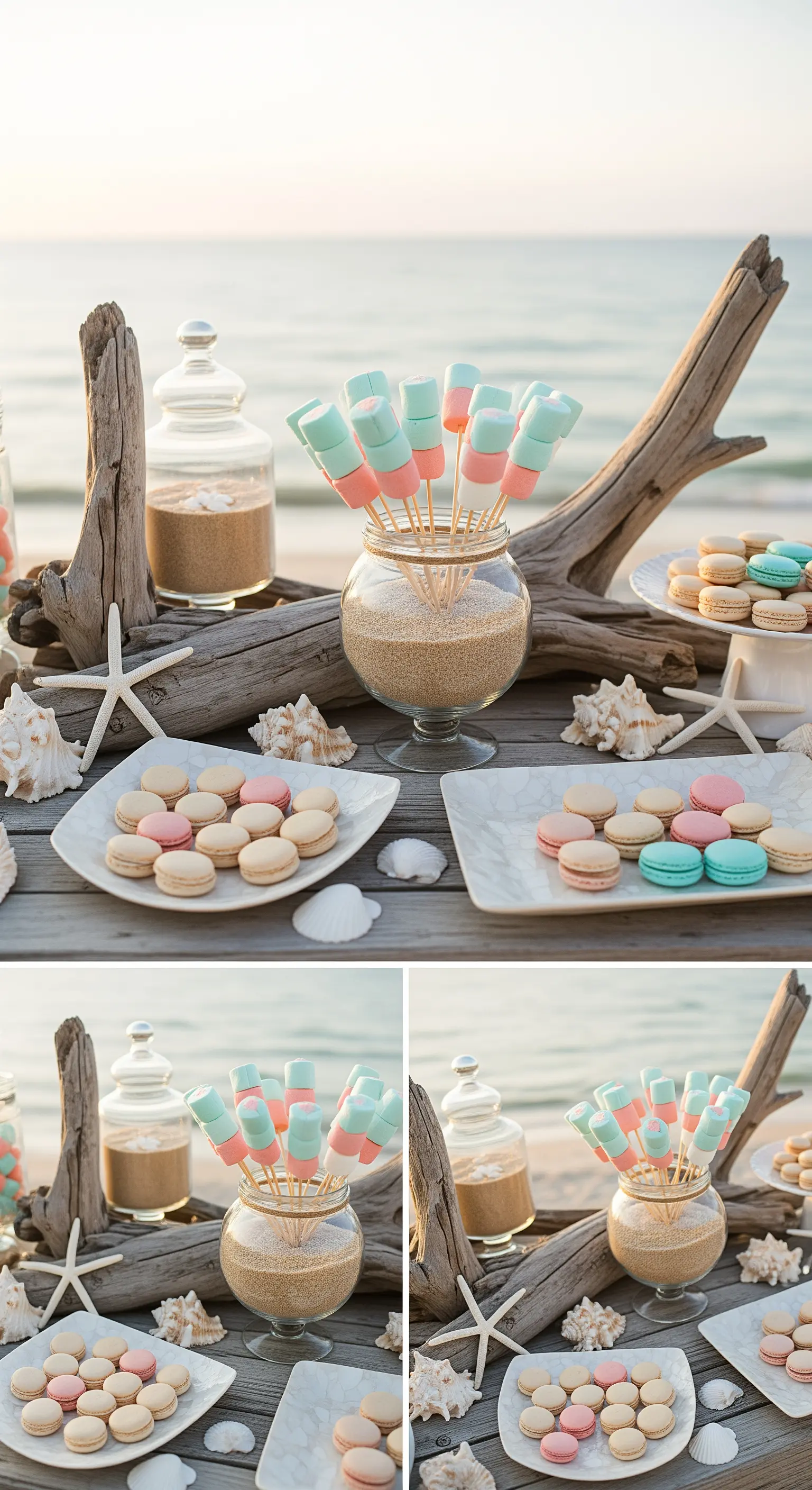 Candy bar sulla spiaggia con macarons color sabbia, legno levigato e conchiglie.