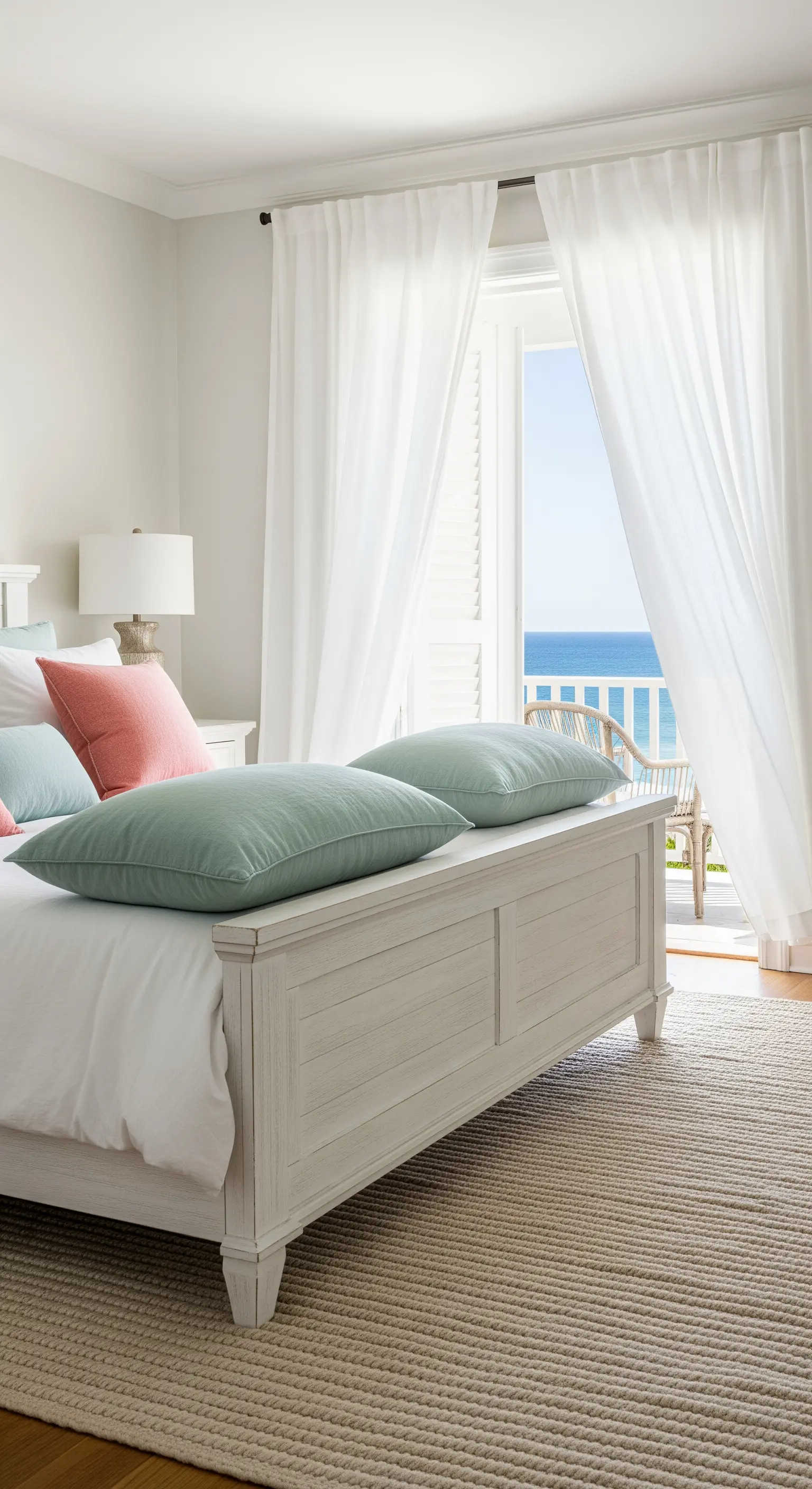 Camera da letto in stile coastal con letto in legno bianco, tende leggere e tappeto in juta.