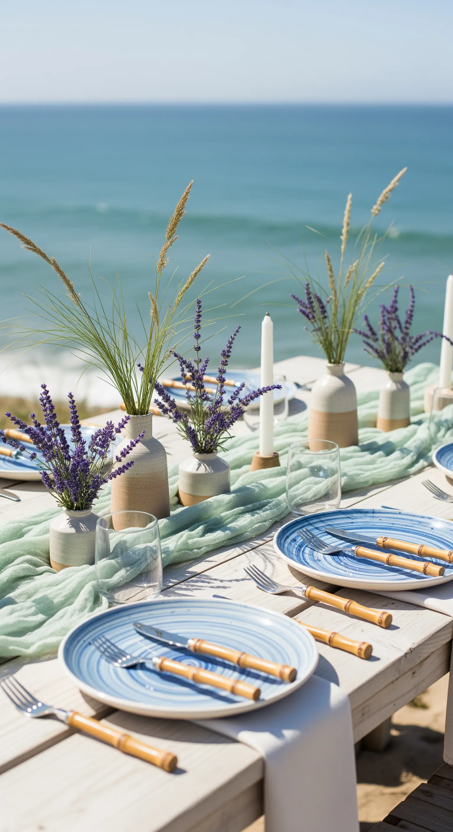Tavola vista mare con runner verde acqua, lavanda in vasetti e posate in bambù.