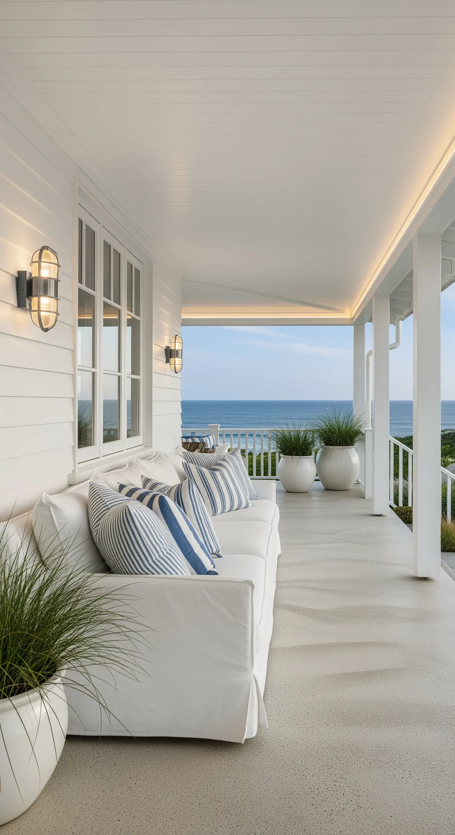 Portico vista mare con divano bianco, cuscini a righe blu e illuminazione a soffitto.