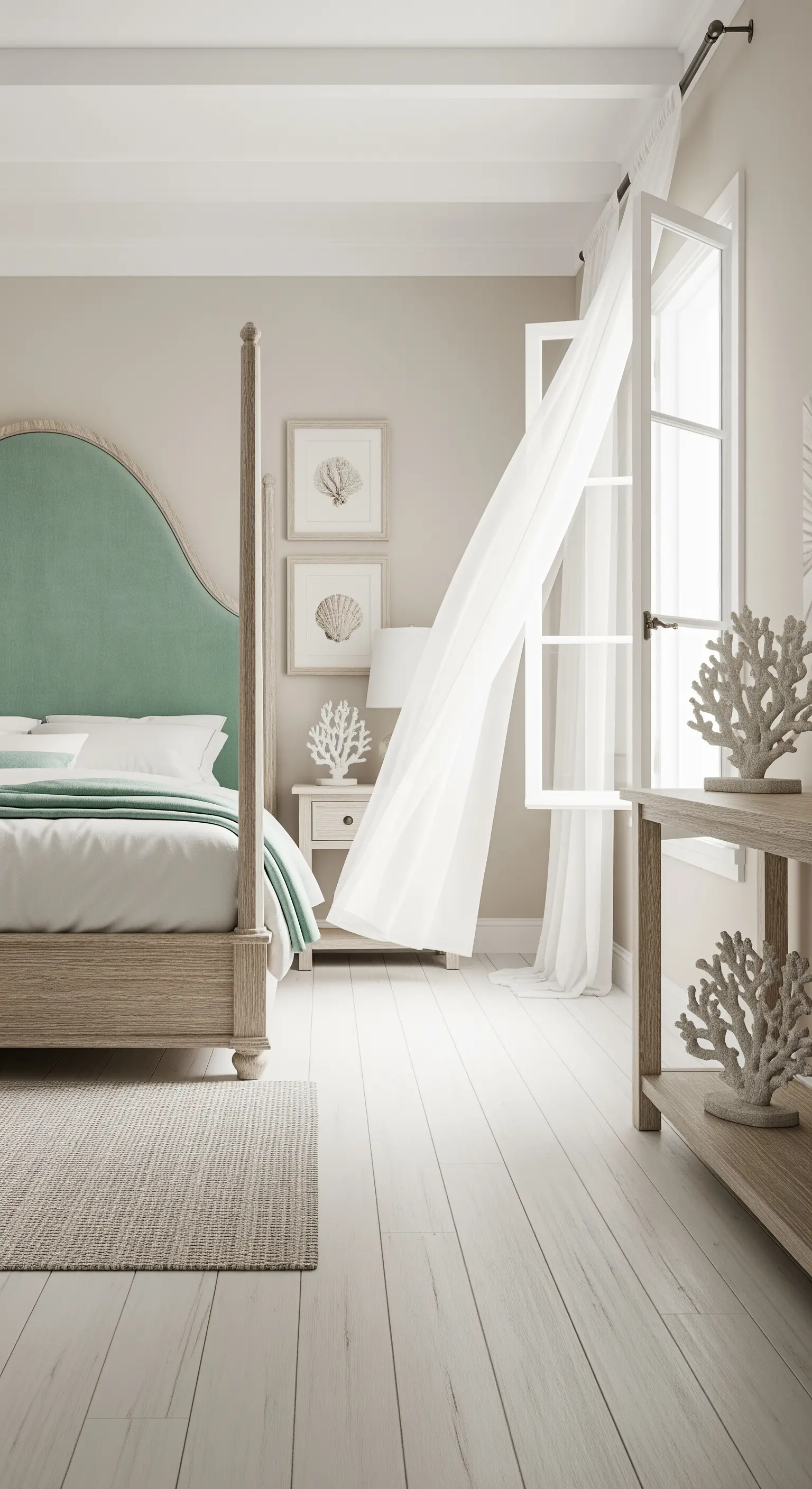 Testiera imbottita verde acqua in una camera da letto in stile coastal.